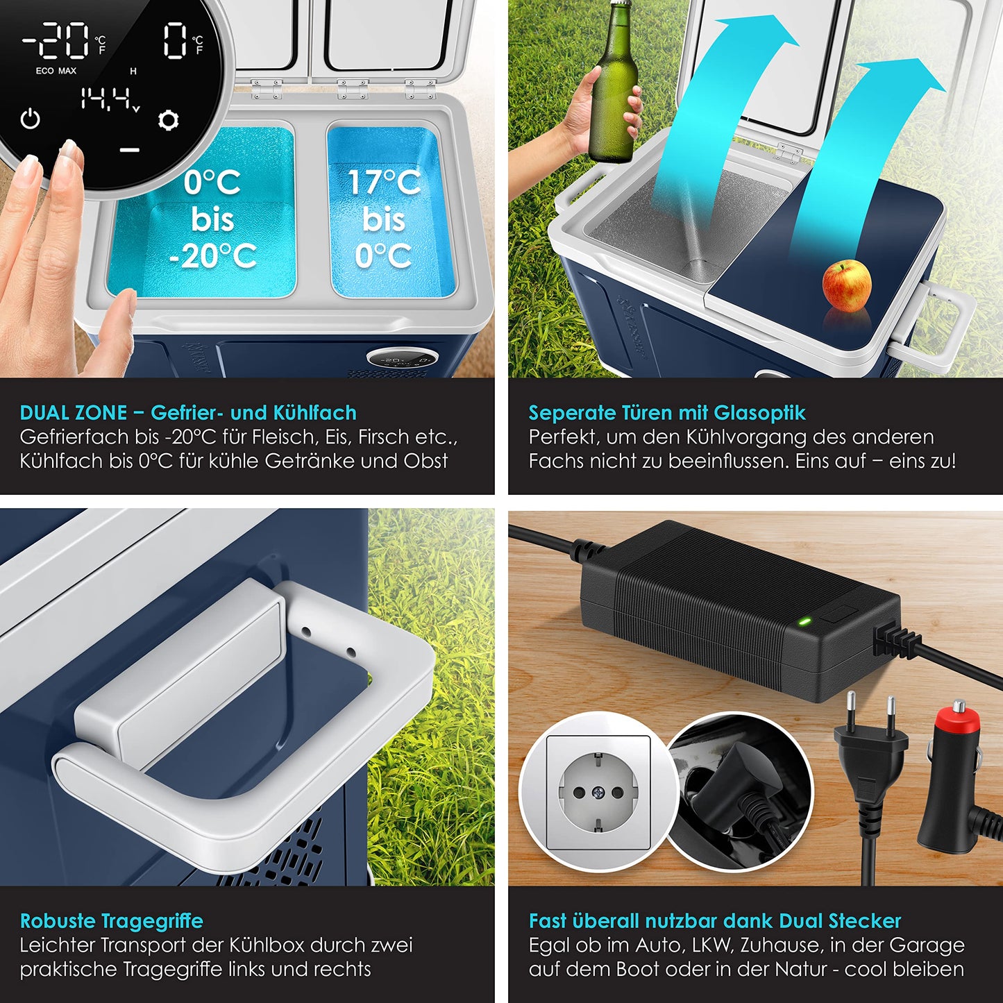 KESSER® Compressor Cooler Box 2in1 Dual Zone Cooling & Freezing Compartment 40 liters electric Freezer Box with 2x Cooling Packs & LED Touch Control | Refrigeration Cooling up to -20°C for Camping, Car, Truck 12/24V 230V
