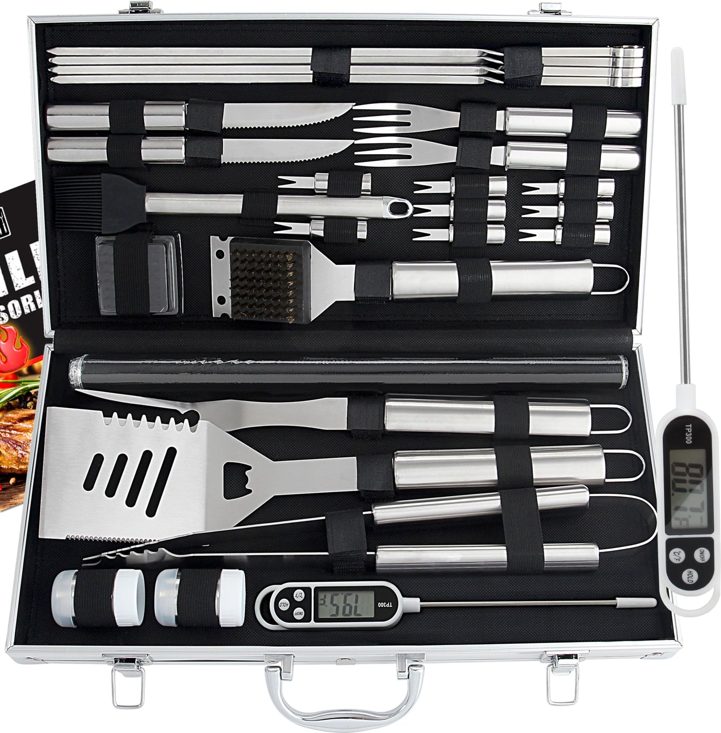 28-piece grill accessory set for men - Premium stainless steel grill case with grill mat, grill utensils for dad, men, and women - perfect for gas grill, charcoal grill, and camping.