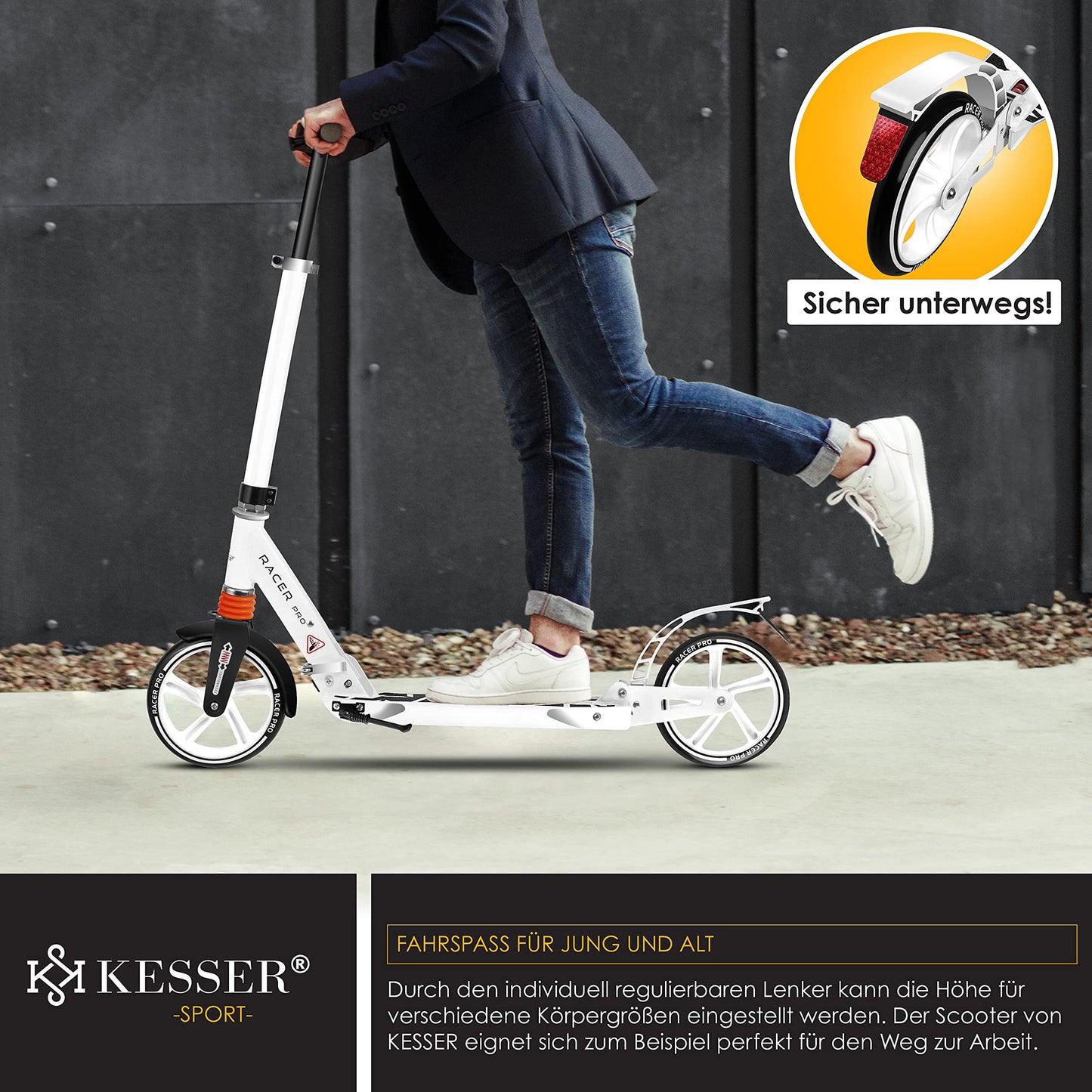 KESSER® City Roller Scooter 205mm wheels PU Big Wheel - Pro-S kick scooter with double suspension, foldable and adjustable height city roller scooter, kickscooter for adults and kids, White