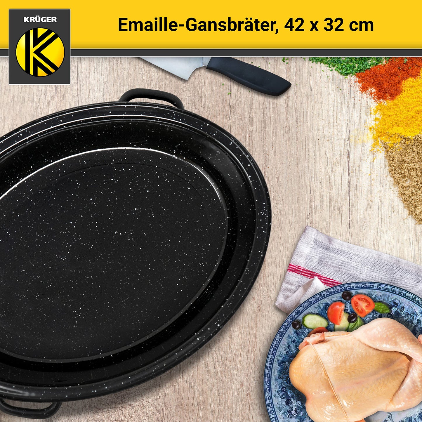 Krüger enameled roasting pan with drip lid - high-quality roaster - suitable for all types of stoves - excellent for roasts and poultry (enamel - black-white speckled (42 x 32 cm))