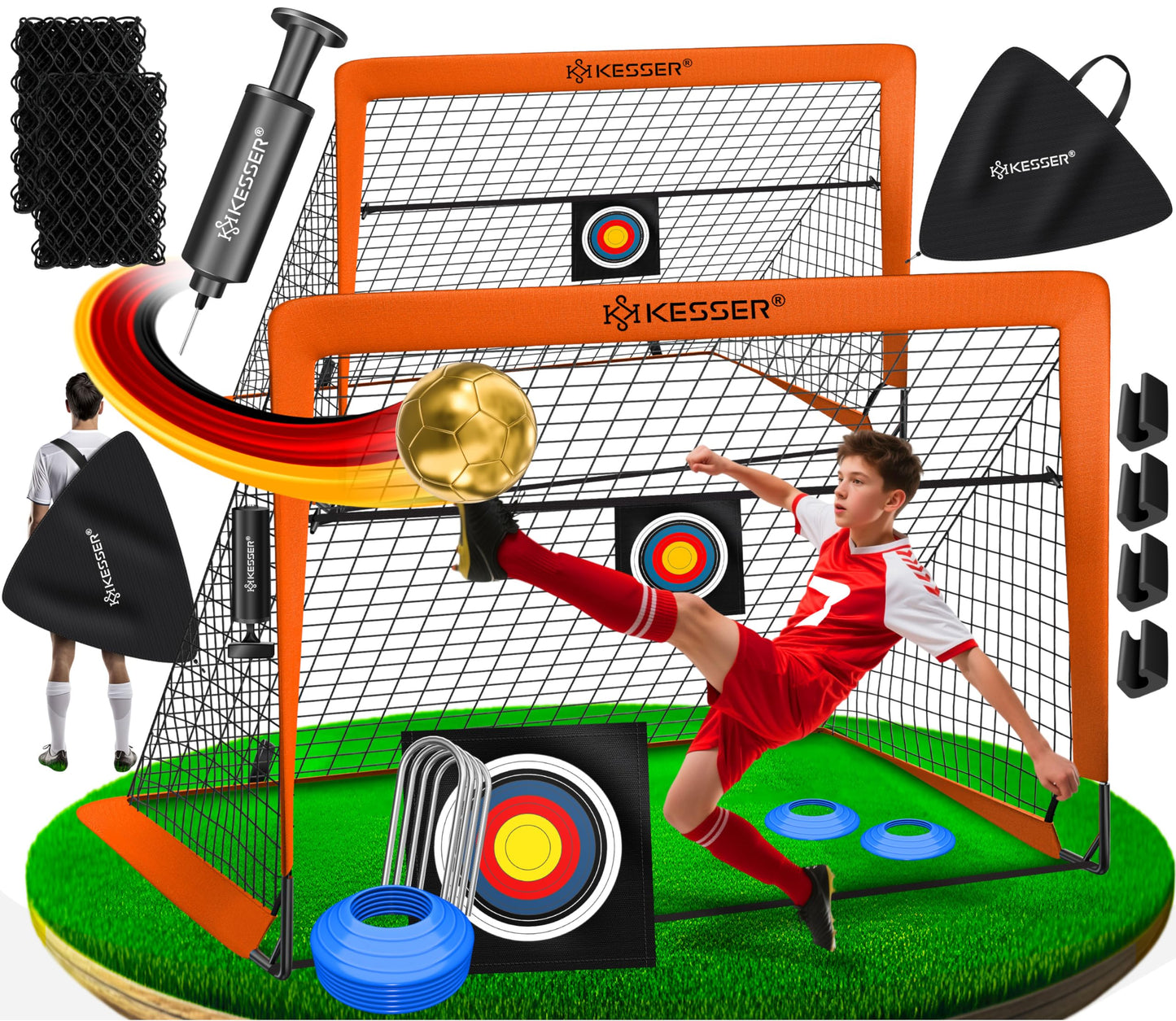 KESSER® Soccer Goal Kids Pop-Up 2er Set | Soccer Goals Foldable with Fiberglass Poles & high-quality Goal Nets for Indoor, Outdoor & Garden | With Carry Bag Cone Pump Target Orange