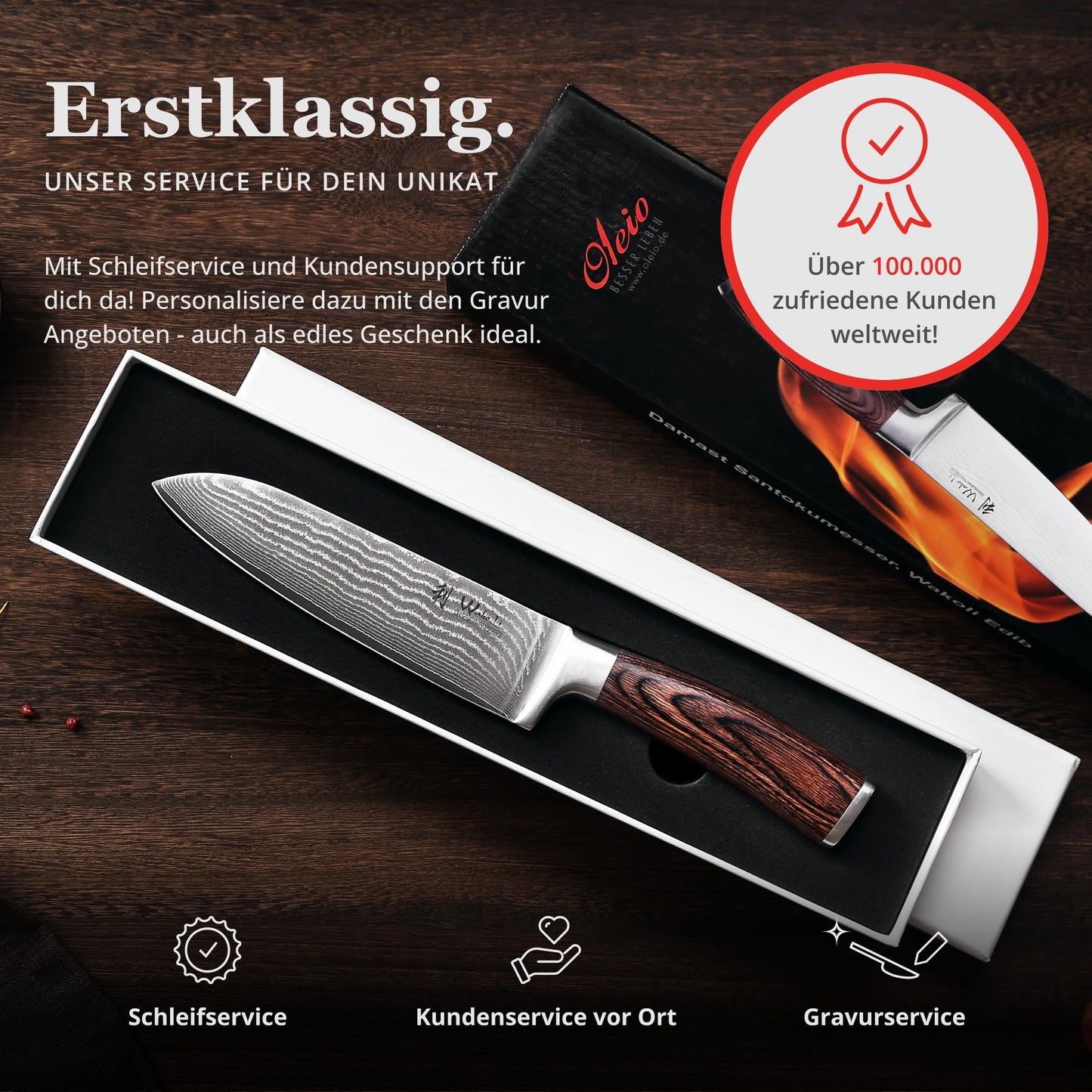 Wakoli EDIB Damascus Santoku Knife, 17cm blade, 67 layers of Damascus steel, VG10 core & Pakka wood handle. Sharp kitchen knife, Damascus knife in gift box for amateur & professional chefs.