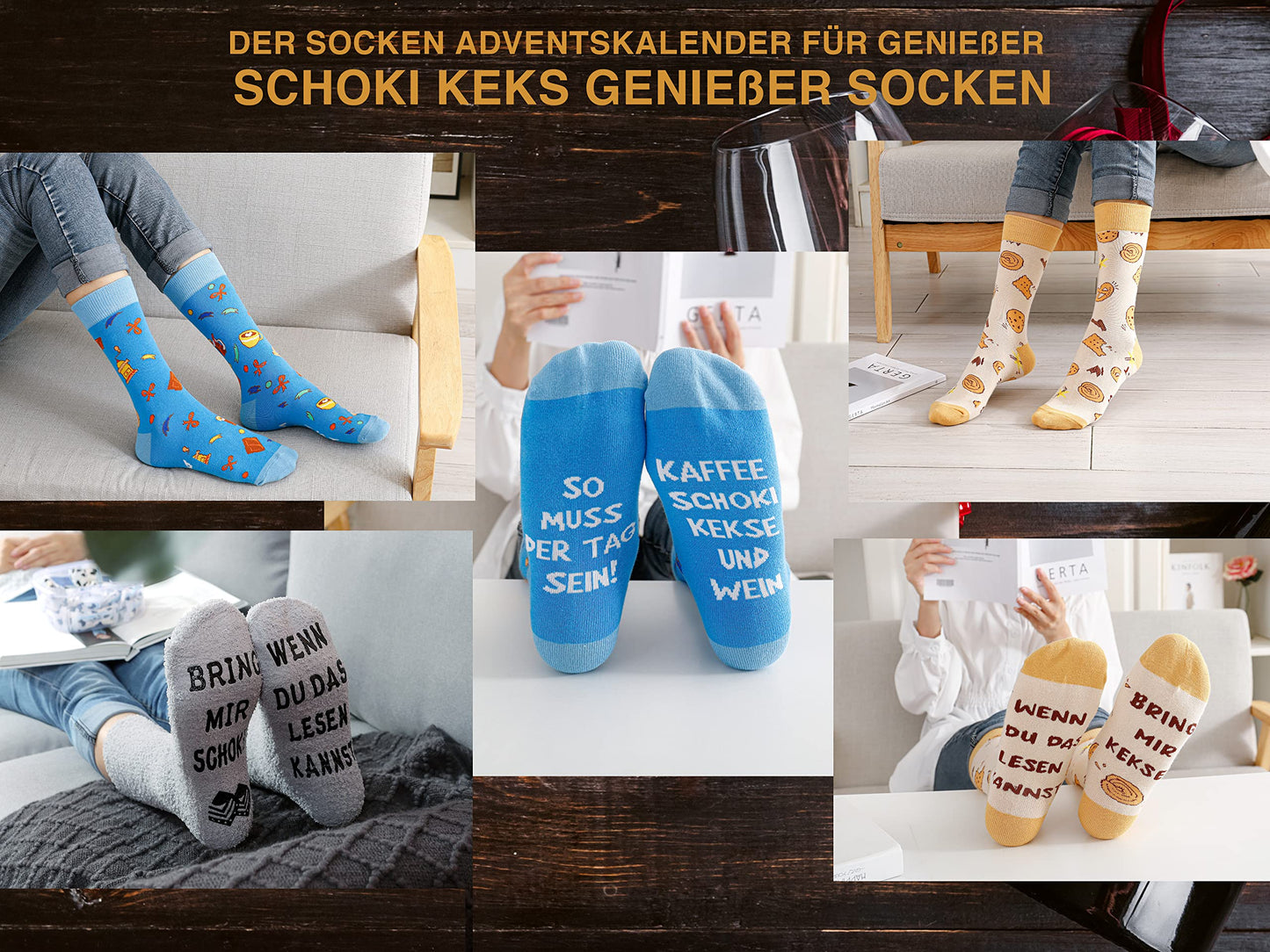 Socks Advent Calendar for Women 2025: Christmas calendar, Advent gift for women. Cozy cotton socks (37-43) with quotes, keychain with food motif, gifts for Christmas.