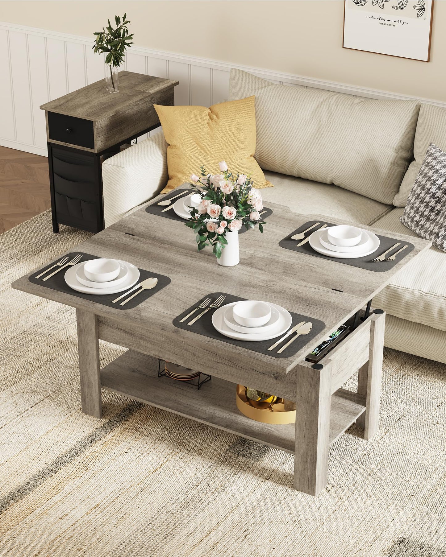 Height-adjustable coffee table, 3-in-1 multifunctional living room table, hidden storage, open shelf, can be used as a dining table, for living room, office, gray