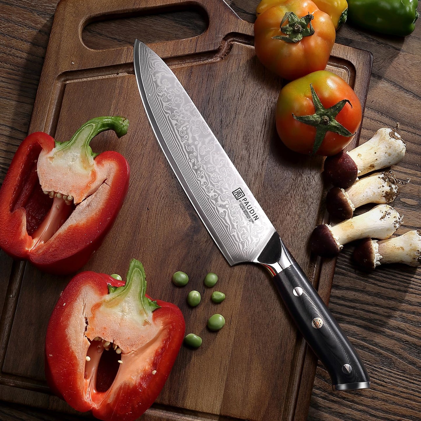 PAUDIN 8 inch Damascus Chef Knife, Kitchen Knife with Ergonomic G10 Handle, Sharp Japanese VG10 Steel Blade.