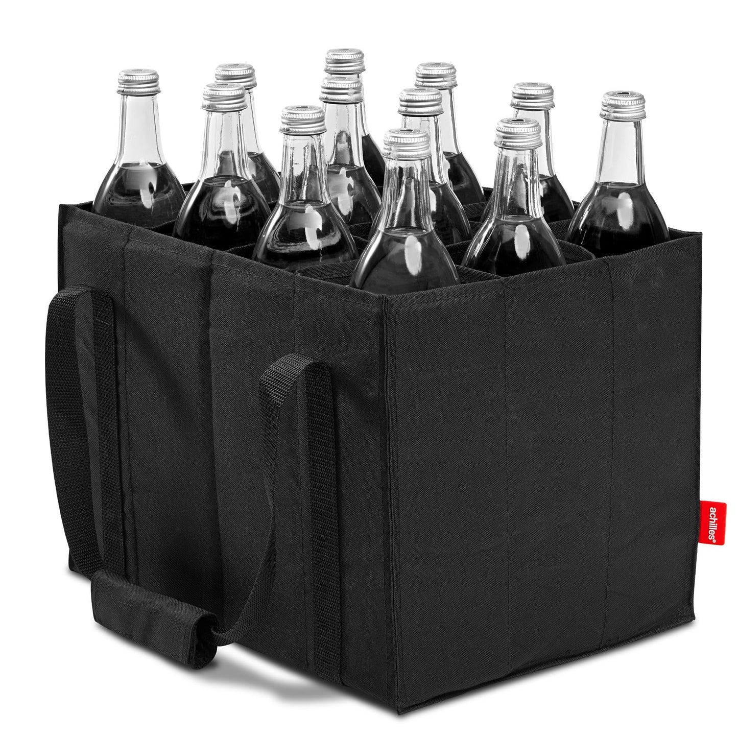 Achilles bottle holder with 12 compartments for 1.5 liters each. Tear-resistant bottle carrier with Velcro fastening. Foldable with dividers for water bottles, wine, and beer. Black.