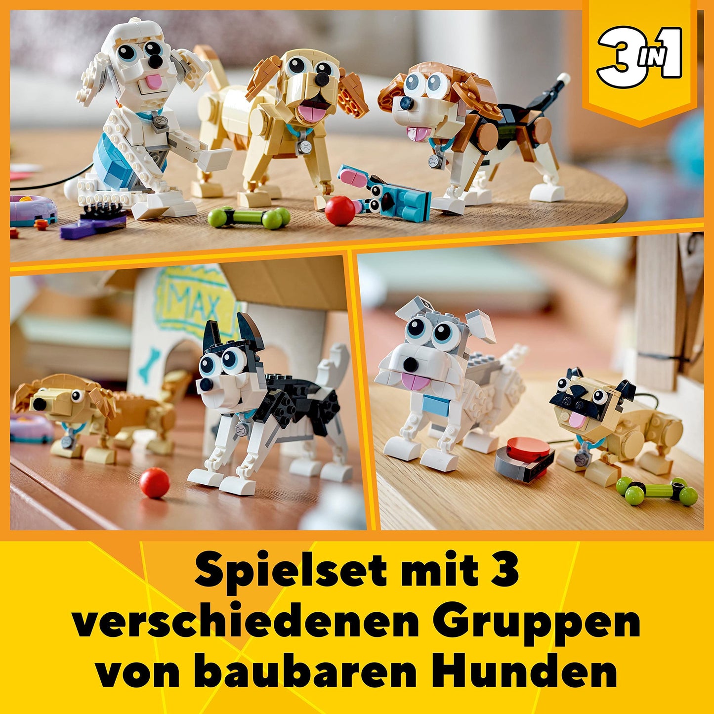 LEGO 31137 Creator 3in1 Cute Dogs Set with dachshund, pug, poodle figures and more, toy for kids 7+, gift for dog lovers.
