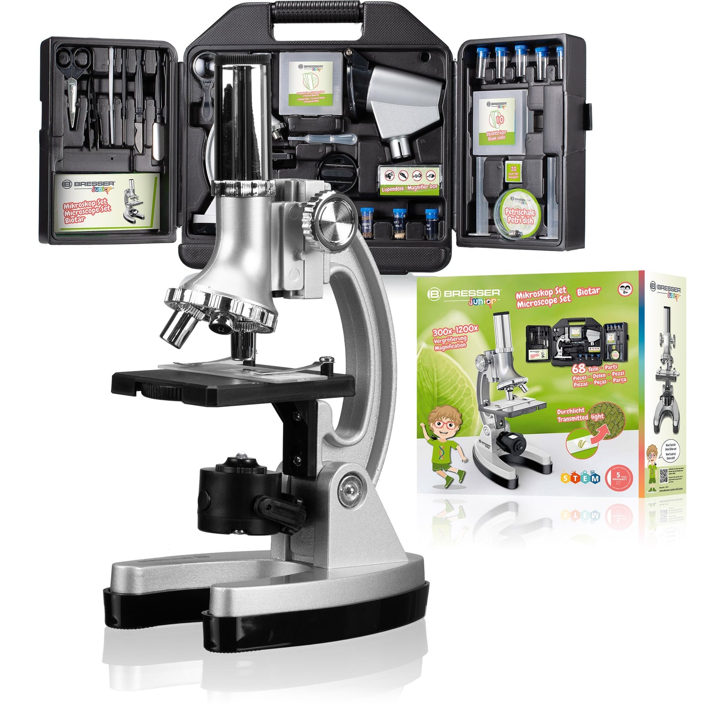 Bresser Junior beginner microscope set Biotar 300x-1200x for kids with battery-powered illumination and extensive accessory package, including carrying case