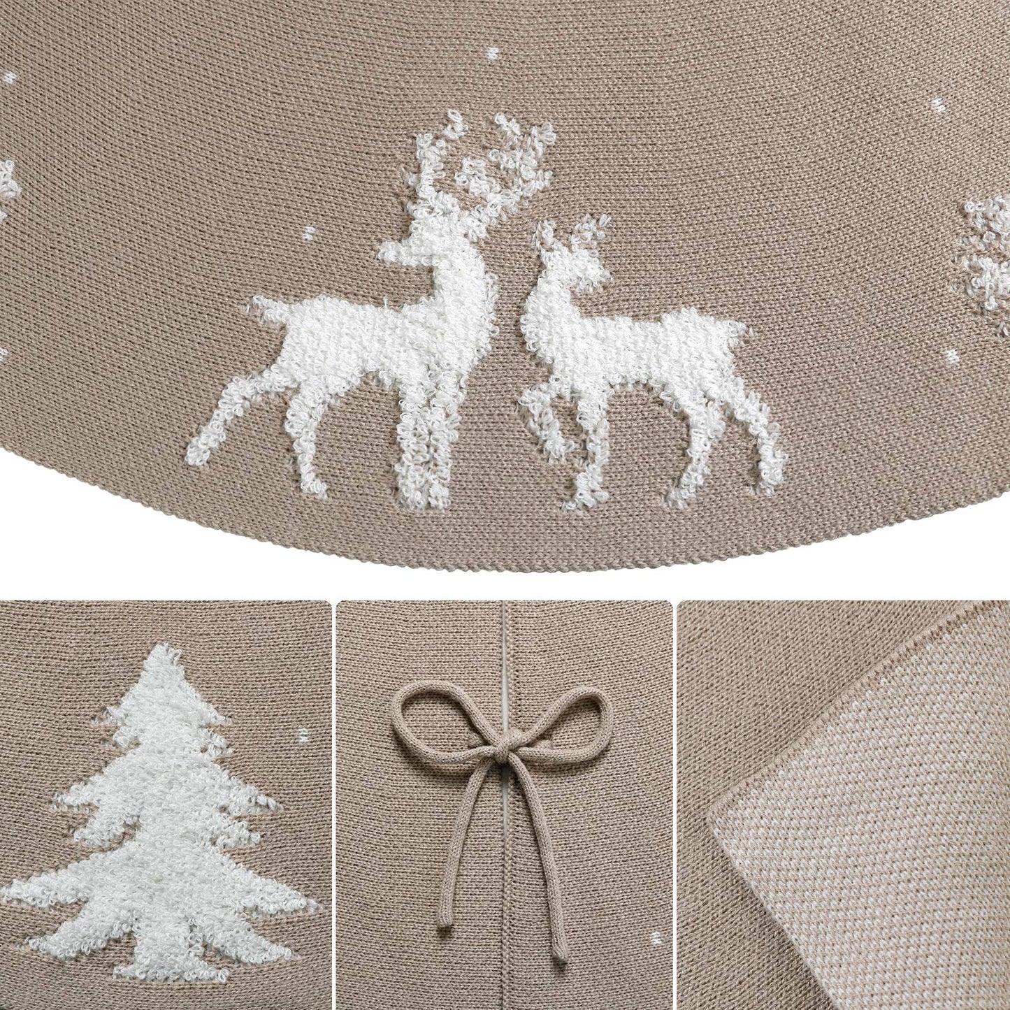 LOMOHOO Christmas Tree Skirt 48 inches knitted 3D Elk Christmas Tree Skirt, Rustic red tree skirt for Christmas decoration, for indoor and outdoor use (Beige, 48 inches)
