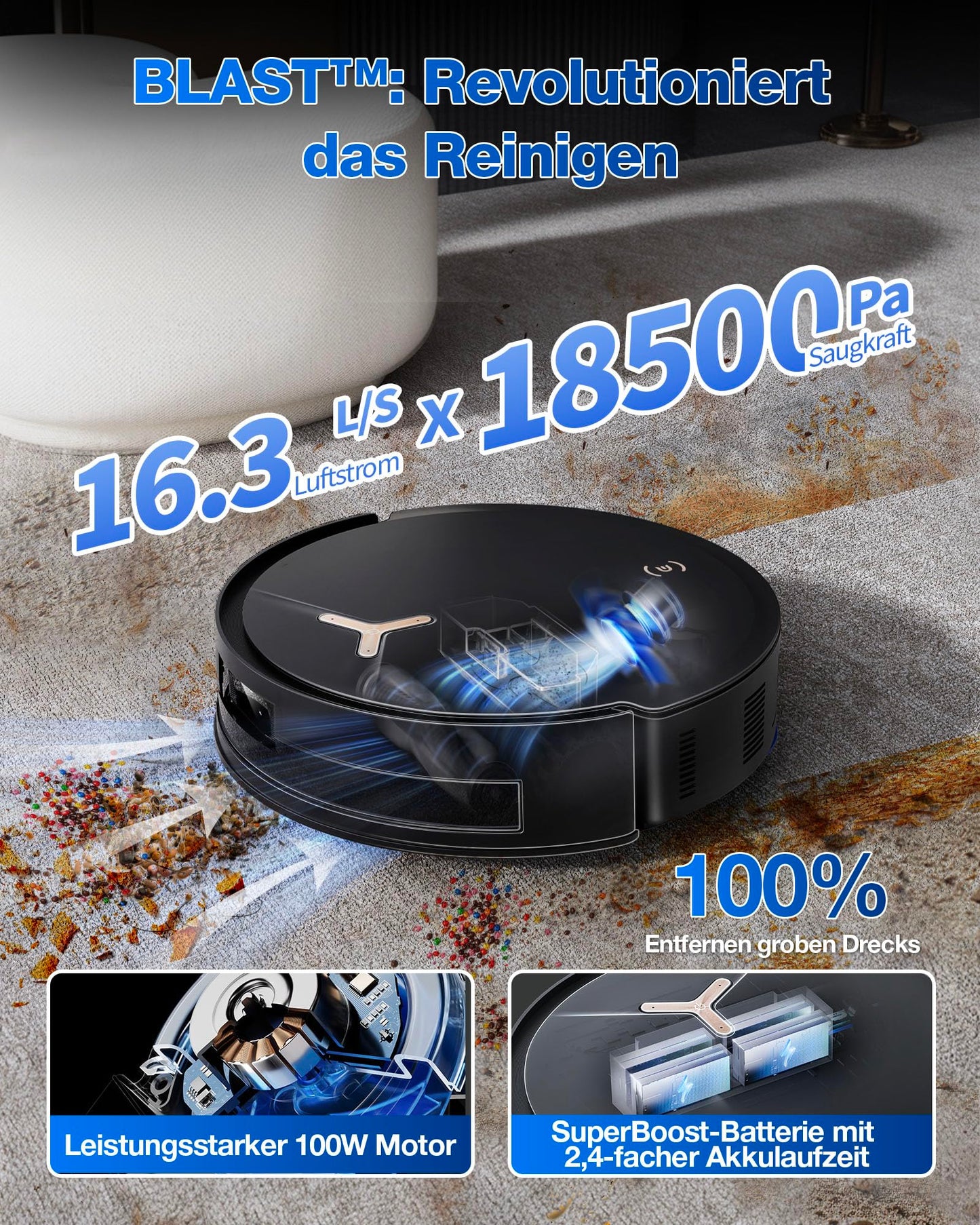 ECOVACS DEEBOT T50 MAX PRO Omni Robot Vacuum with Mopping Function, 18,500Pa, ZeroTangle 2.0, Deep Cleaning for Carpets, Extendable Side Brush & Mopping Module, Hot Water Cleaning 40-75℃, Black