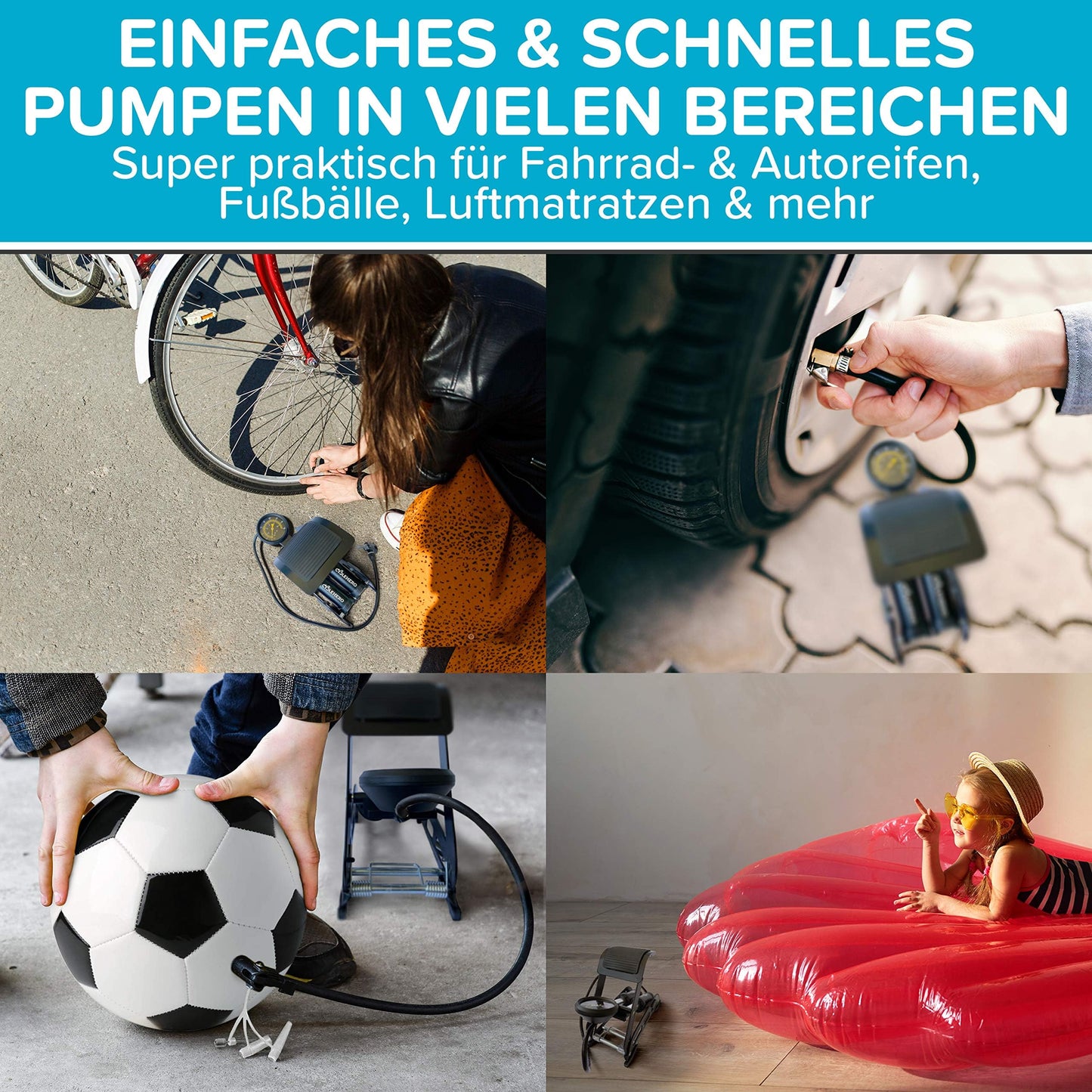 Foot pump with double cylinder and pressure gauge test VERY GOOD - 10 years warranty. Foot pump for all valves (bicycle pump, car air pump) - Powerful foot air pump - High-quality foot air pump.