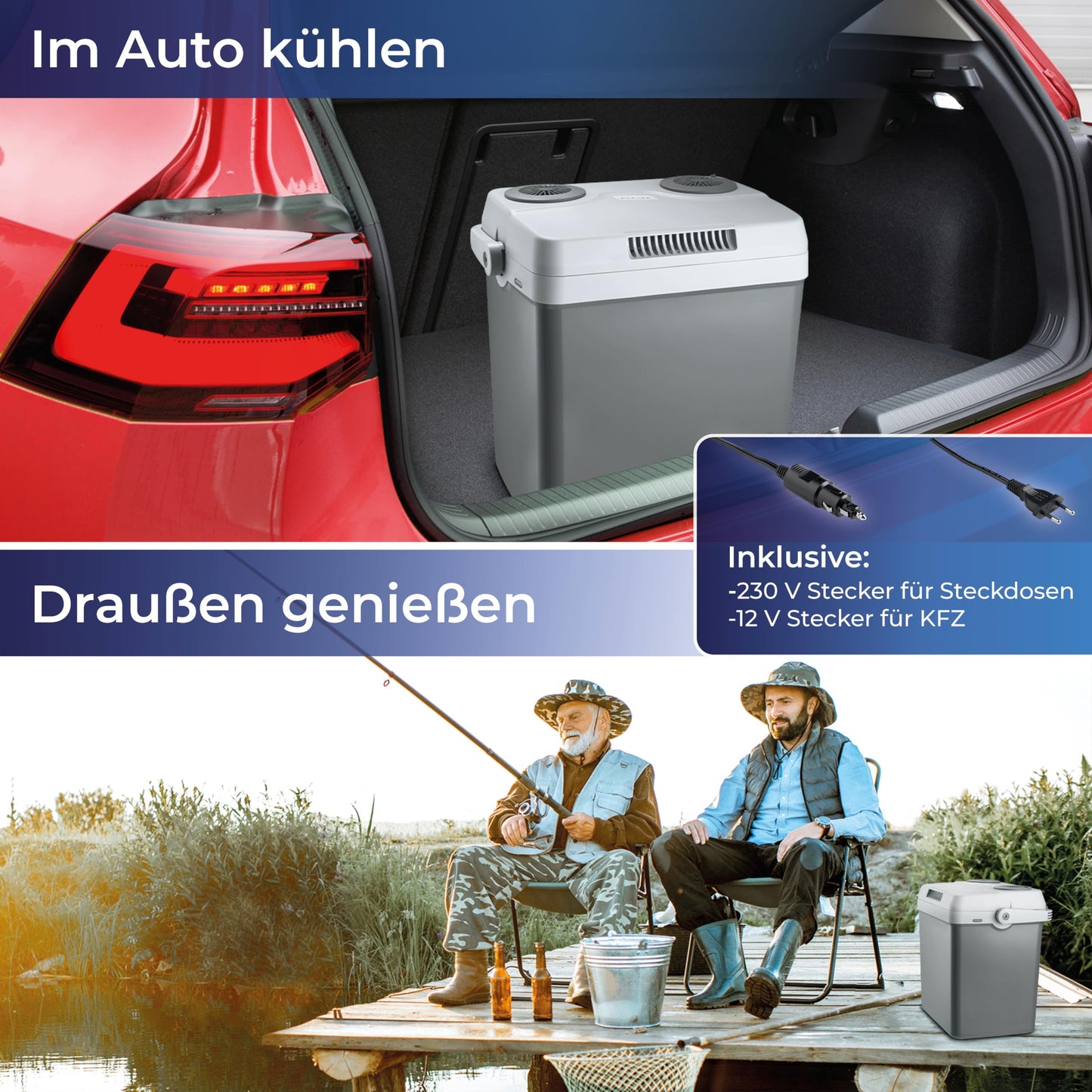 KLAMER electric cooling box 25 liters with cooling and warming function, 2 connections: 230V & 12V for cigarette lighter, car cooling box for camping, garden & outings, gray