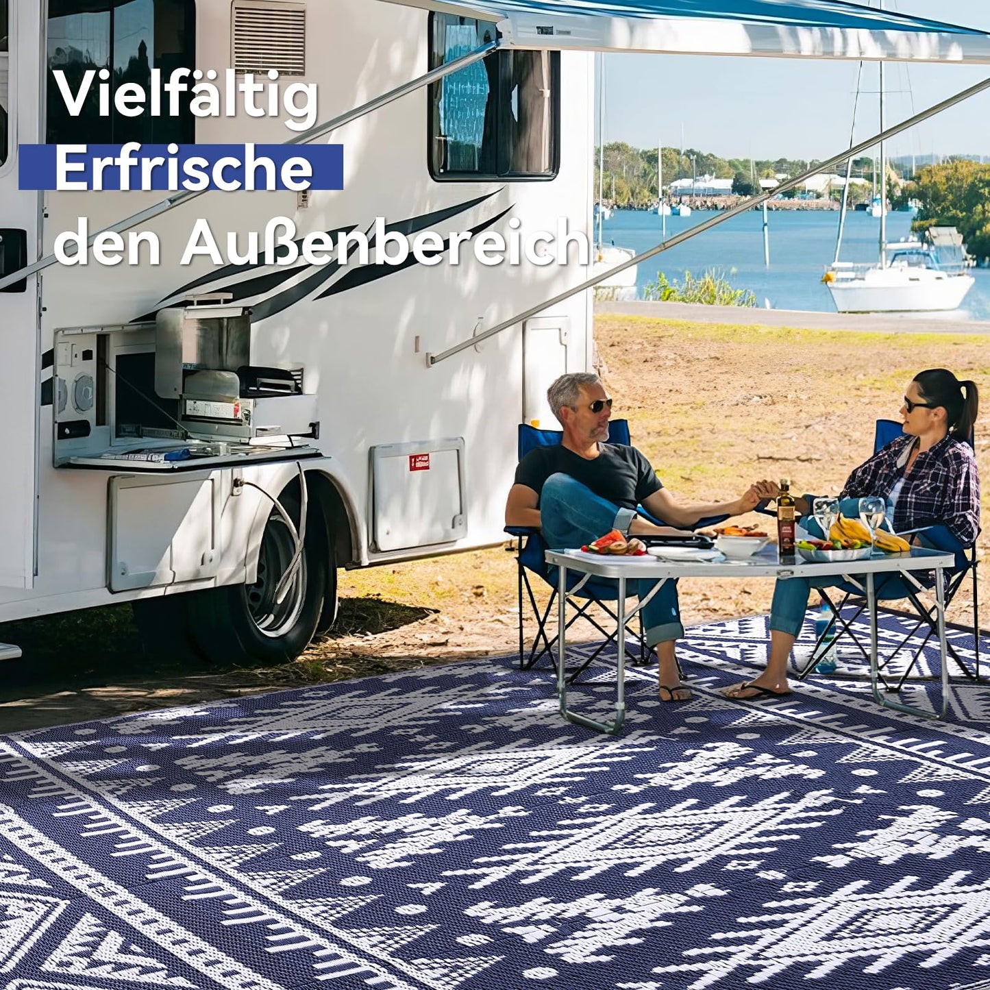 Homaxy outdoor rug weatherproof, plastic straw foldable washable UV-resistant reversible balcony garden rug for patio camping picnic (240 x 300 cm, navy blue & white)
