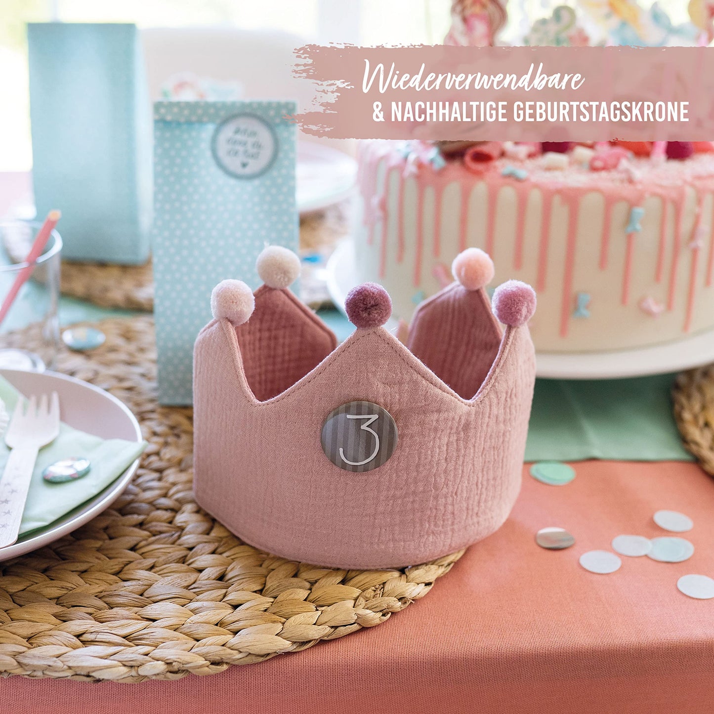 Paper Dragons Birthday Crown Muslin with Numbers - Pink - for Children's Birthday - Crown made of muslin fabric with button numbers from 1-8 | Party decoration hat for boys & girls