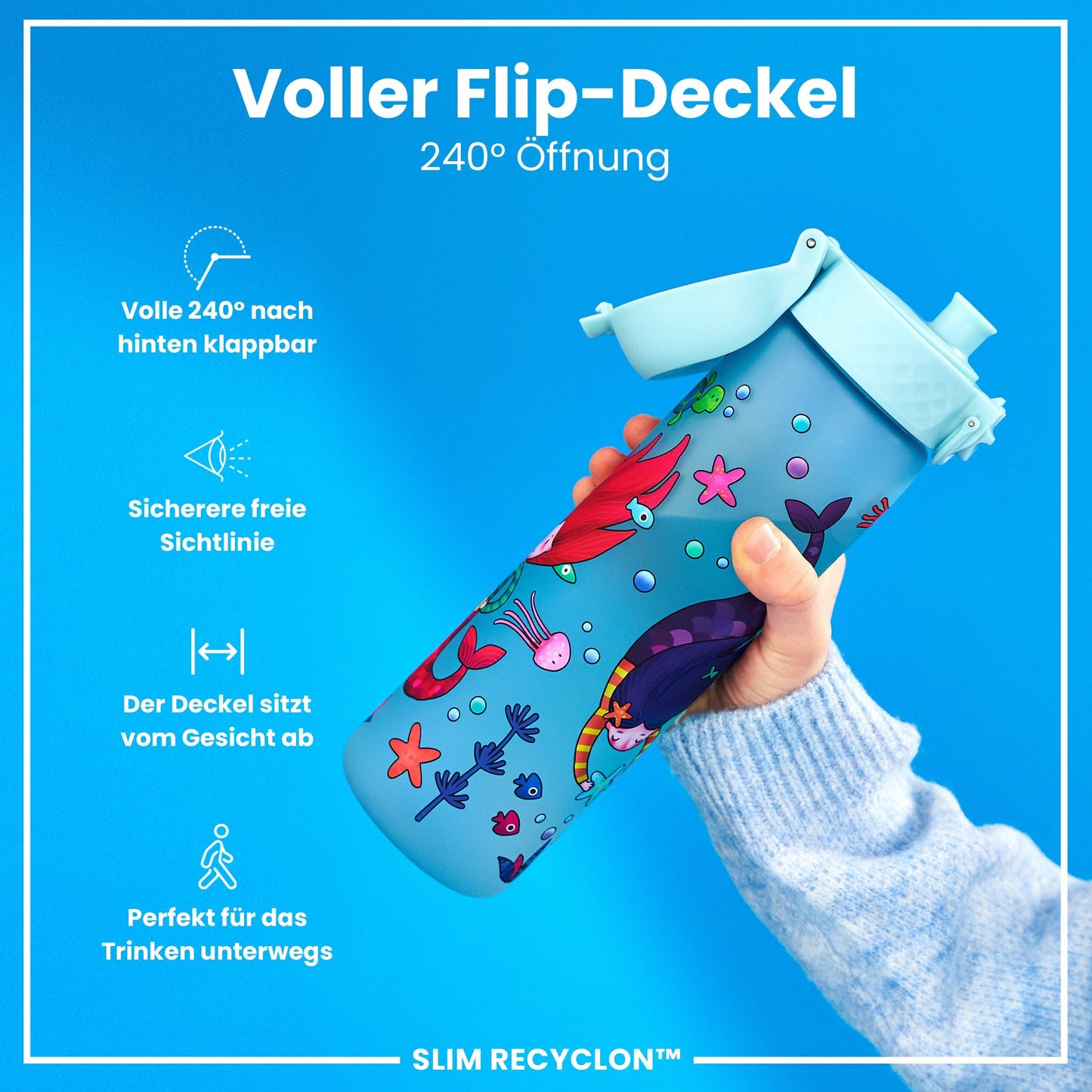 ION8 water bottle, 500ml, Leak-proof, One-handed opening, Secure locking, Dishwasher safe, BPA-free, Carry handle, Flip lid, Easy to clean, Climate neutral, Mermaids