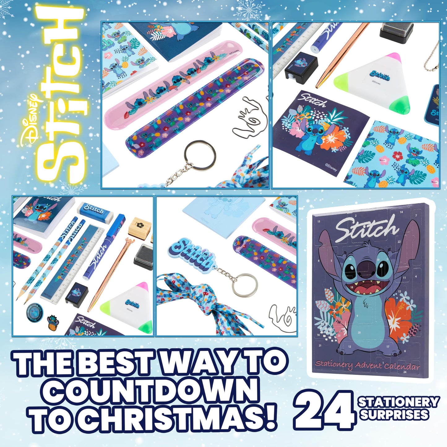 Disney Stitch Advent calendar 2025 for kids and teenagers. Christmas calendar with 24 surprises. Stationery or hair accessories for girls. Great gift idea! (Blue Stitch stationery)