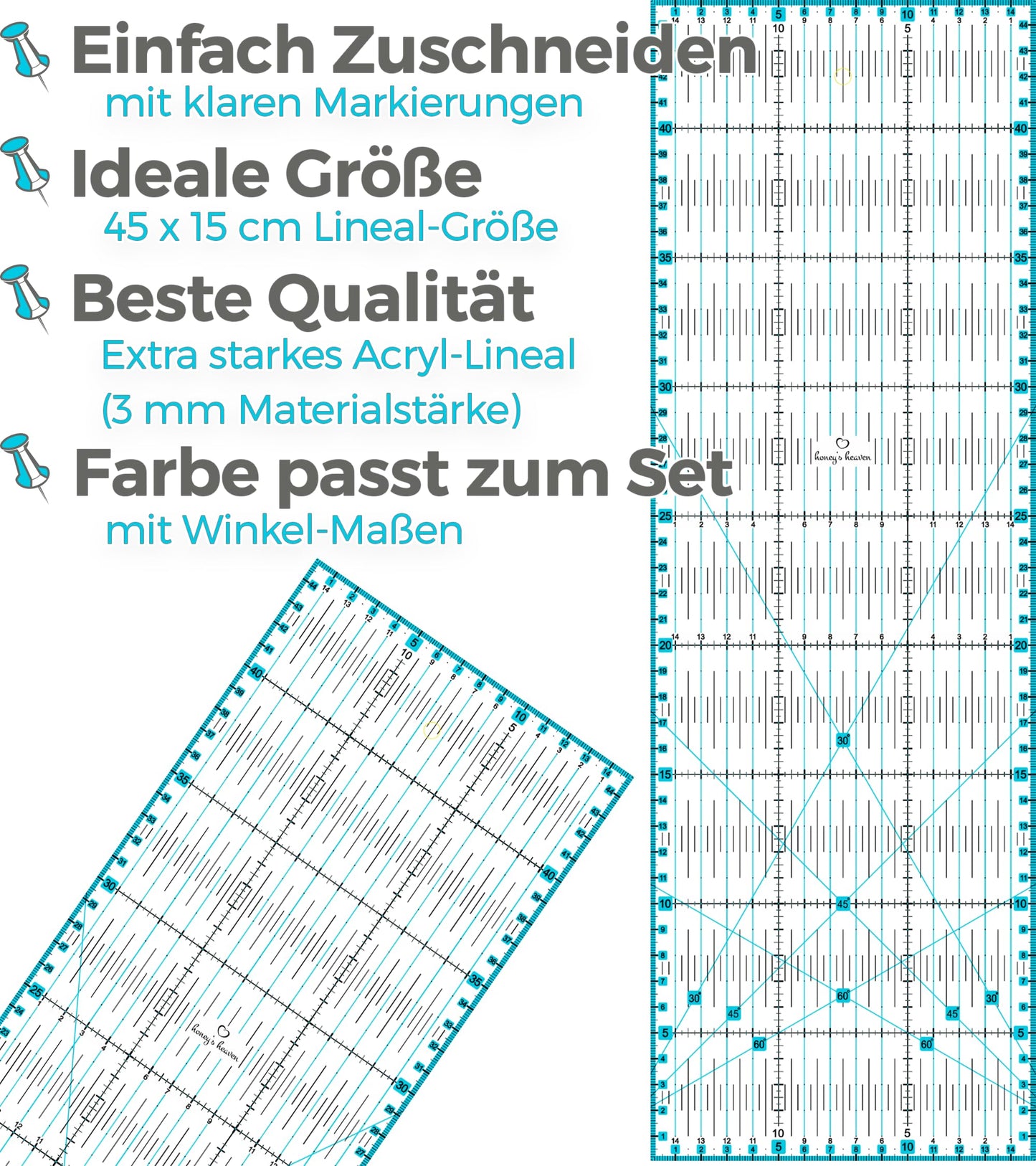 Honey's Heaven 45mm rotary cutter fabric cutter set including cutting mat, replacement blades, fabric clips, patchwork ruler (turquoise/mint, cutting mat in A2 size)