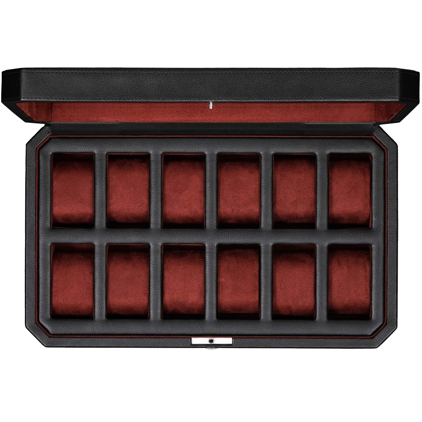 ROTHWELL 12 Slot Leather Watch Box - Luxury Watch Case Display Organizer, Men's Storage Boxes Holder Large Glass Top (Black/Red)