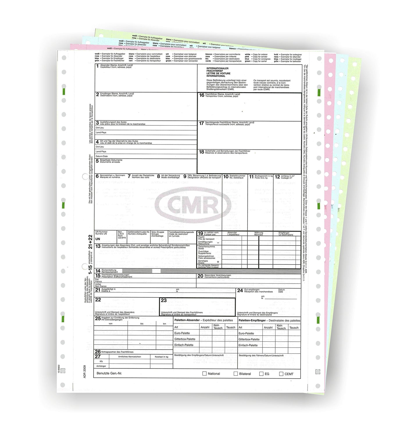 500 x CMR Consignment Note 4-fold self-copying, continuous sets/For international freight transport/Premium quality/In accordance with the latest ADR standard - Made in Germany.