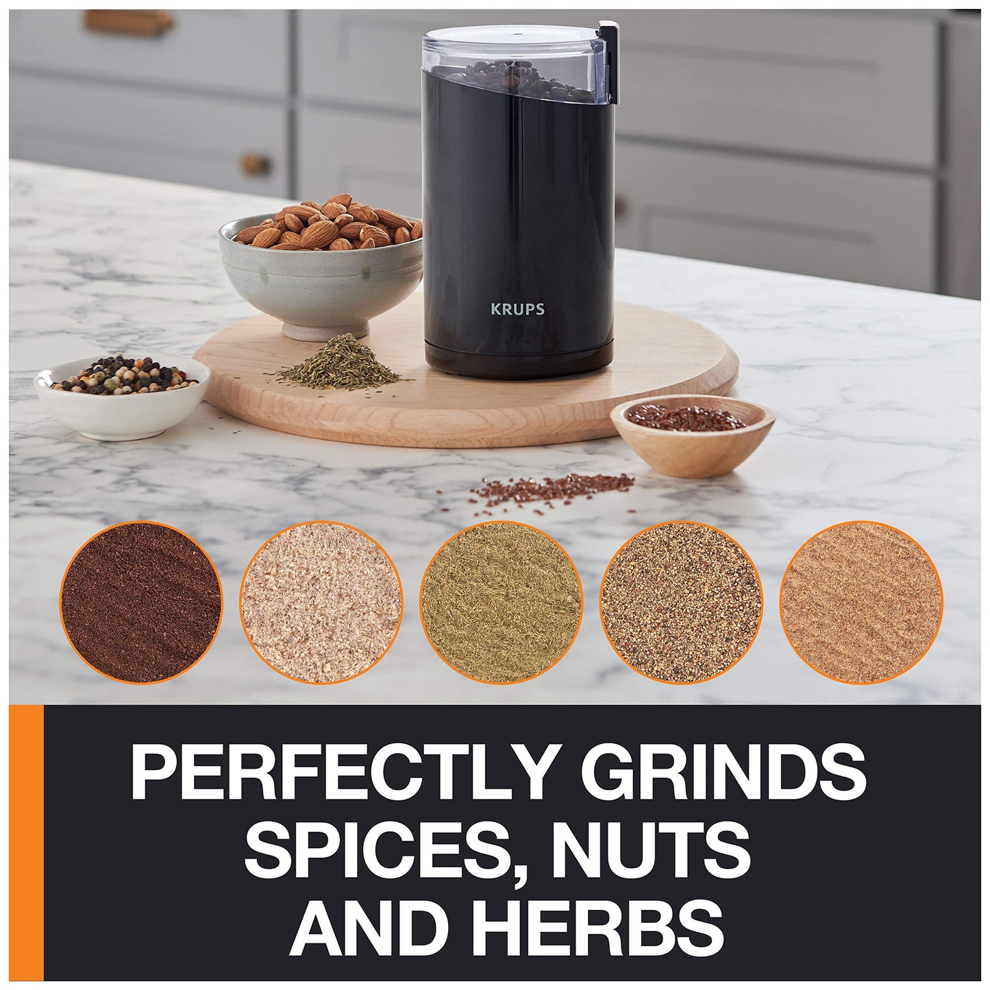 Krups F20342 Coffee and Spice Grinder in One, Powerful Motor, Adjustable Grind Size, 75g Capacity, Stainless Steel Blade, Safety Lid, Anti-Slip Feet, Black.