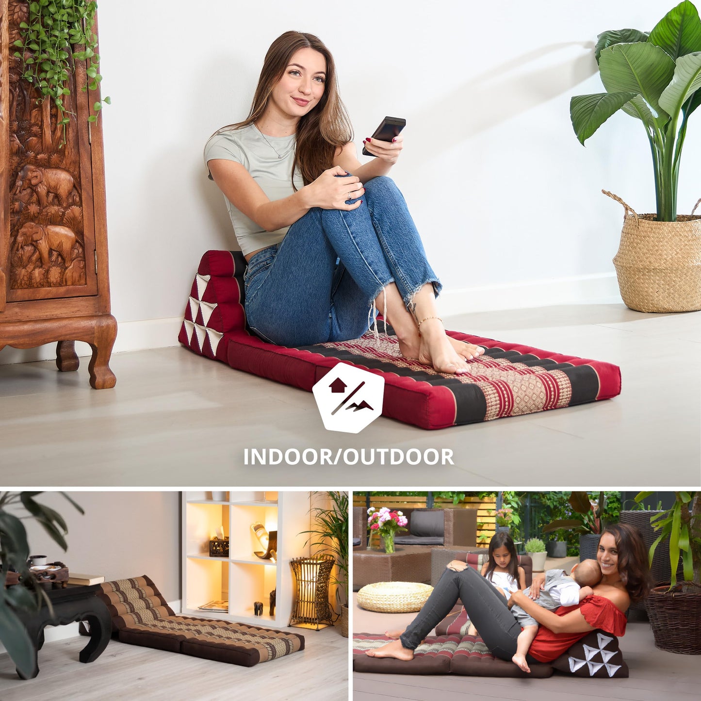 livasia Thai cushion with 2 pillows - 120x50x8 cm - triangle cushion with seat cushion, wedge cushion with kapok, foldable back cushion, Thai mat for folding, handmade, meditation cushion (red/black)