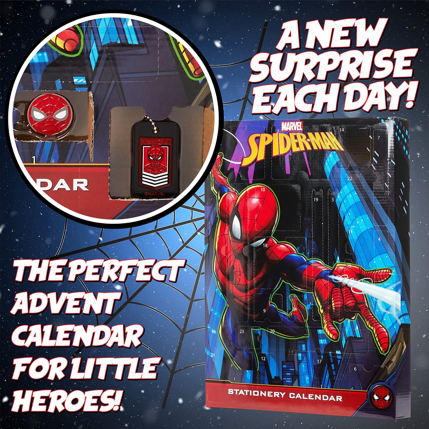 Marvel Spiderman Advent calendar 2025 for kids and teenagers with school supplies, pencils, keychains, stamps, and toys. Great gift idea! (Spiderman Multicolor)