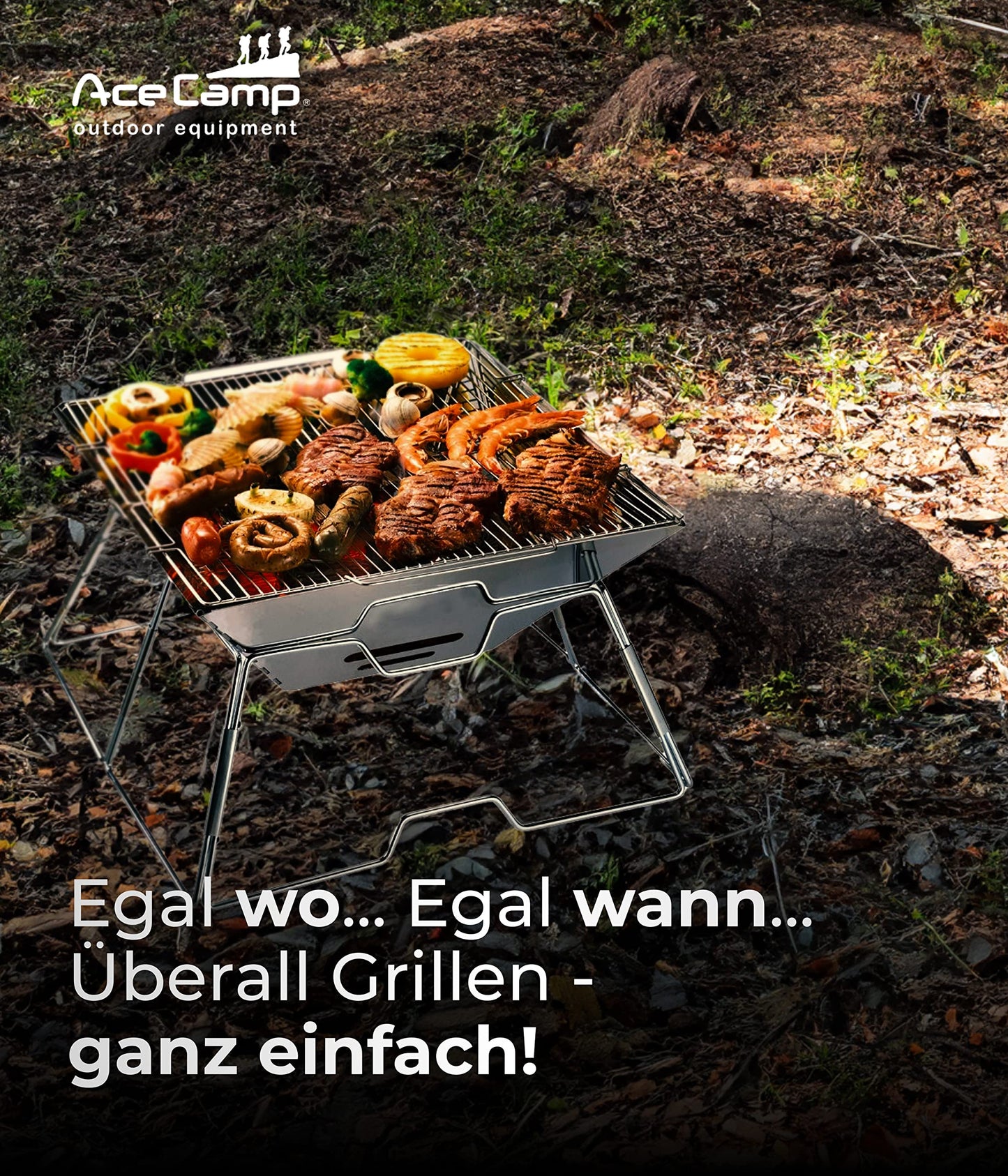 AceCamp® Portable Charcoal Grill - Foldable stainless steel grill for camping, garden, party, and BBQ.