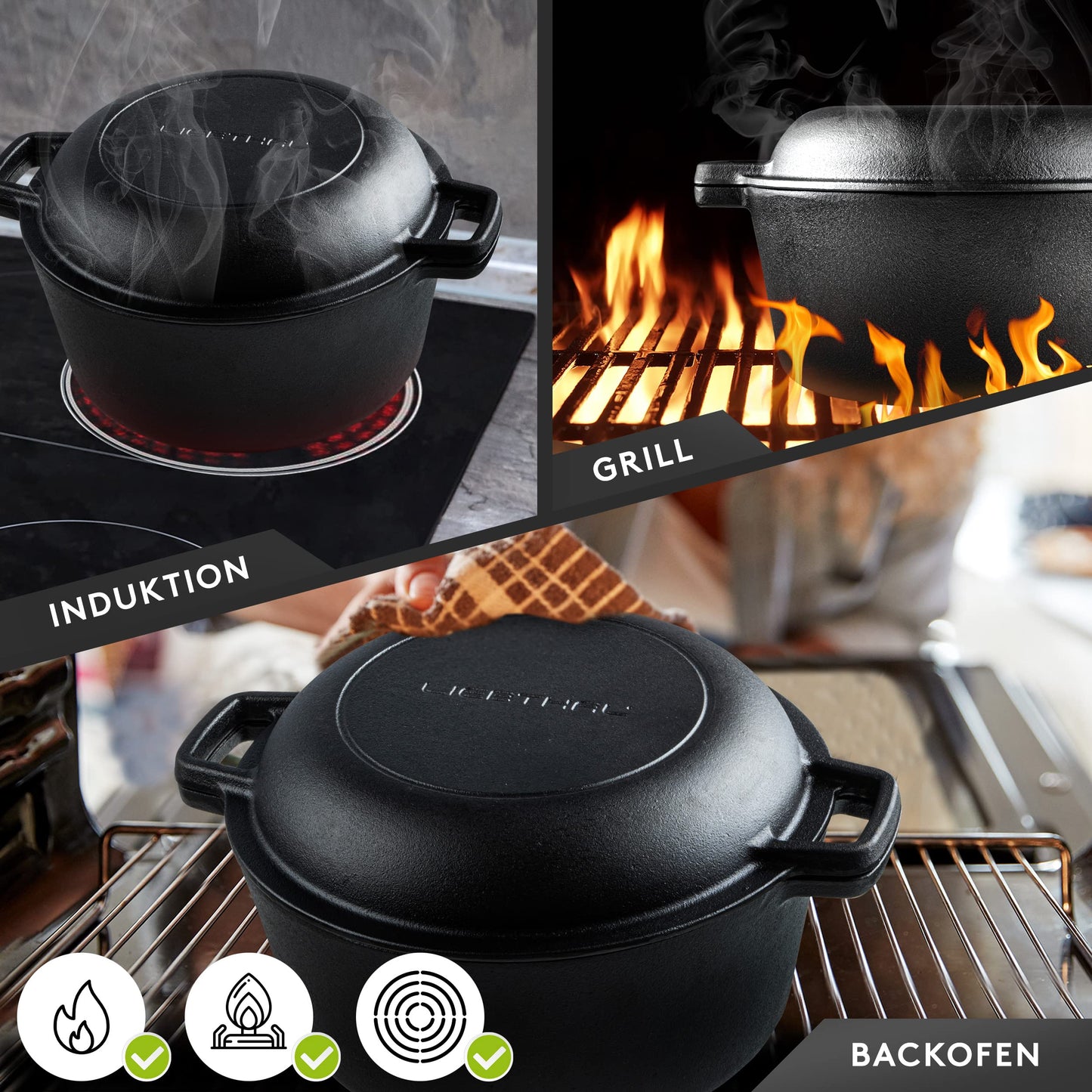 LIEBTHAL Cast Iron Pot Bread Baking - Durable bread pot with precise non-stick silicone insert - Pre-seasoned bread loaf pan with lid 4.6 L - Bread baking pot, roasting & stewing.