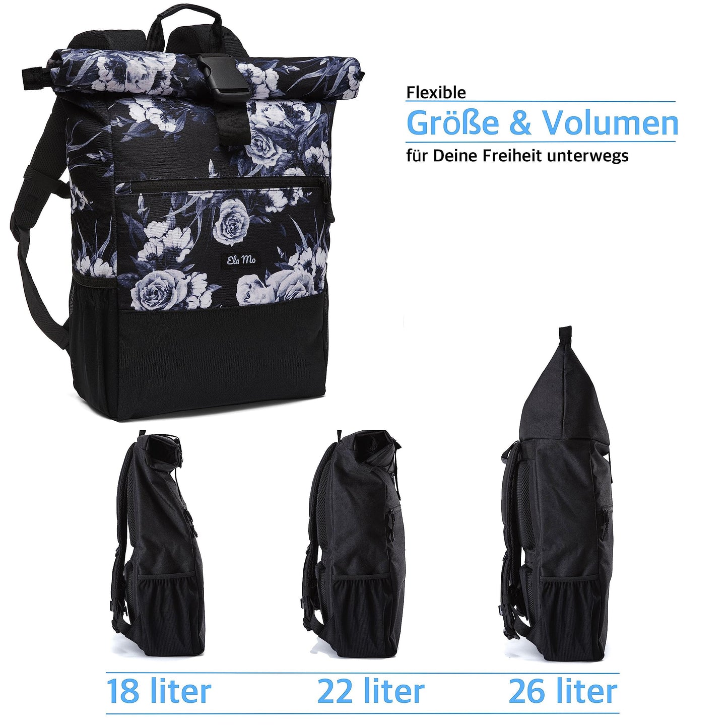 Ela Mo Women's Backpack - Rolltop design with laptop compartment - Anti-theft bag for school, college, business (Nightrose)