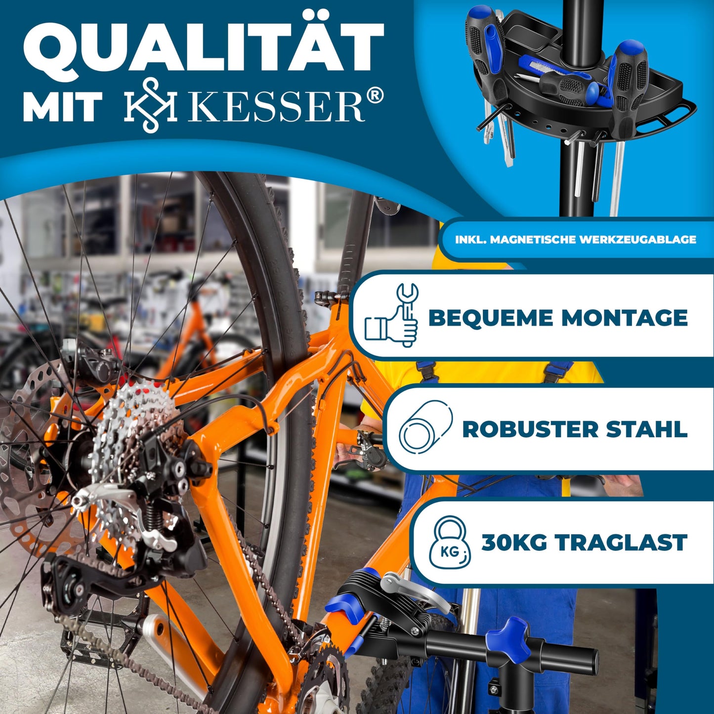 KESSERยฎ bike assembly stand professional repair stand bike stand + bag bike repair stand up to 30 kg bike assembly stand incl. tool tray + magnetic compartment, rotatable mountain bike, blue