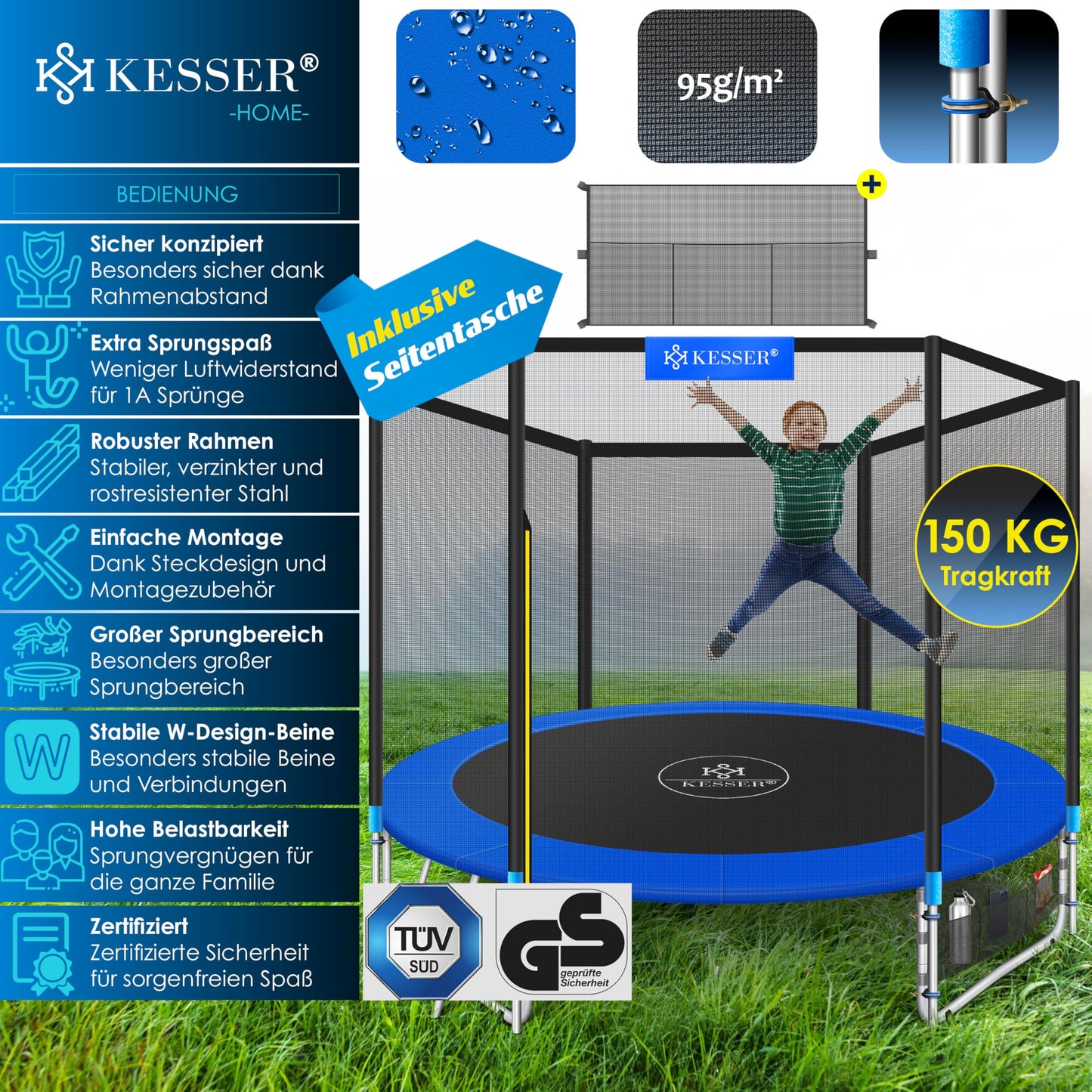 KESSER® Trampoline Outdoor Ø 244/305/366/427 cm Complete set with safety net, ladder, edge cover & side pocket and assembly accessories | Children's trampoline Garden trampoline Capacity 150 kg