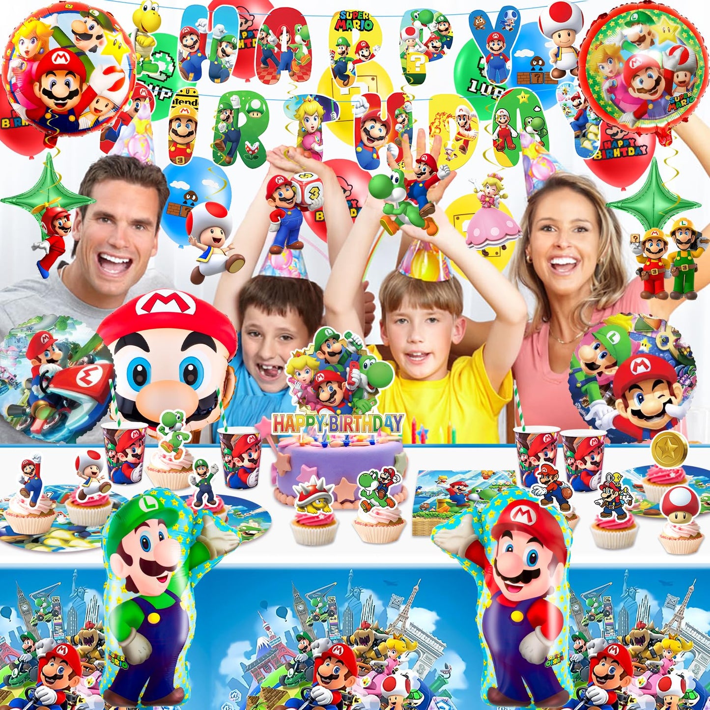 102Pcs Ma Rio paper plates children's birthday decor Super Bros birthday tableware set birthday decorations party tableware party decor tablecloth napkins plates and cups balloon banner cake decoration for 20 guests.