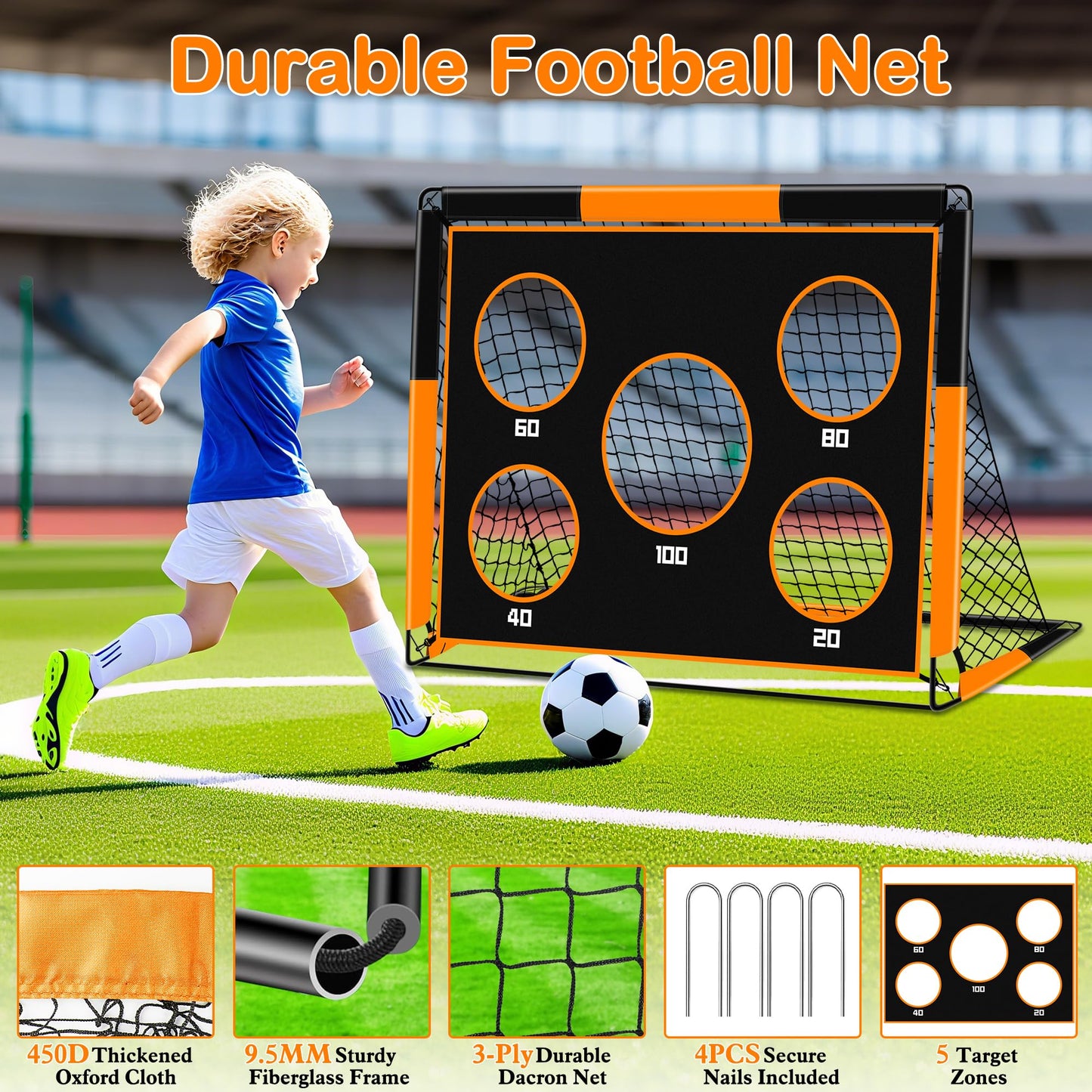 Gofady 2-in-1 Soccer Goal for Kids - Portable & Durable Soccer Goal with 5 Target Areas, Foldable Design, Carrying Bag, Garden, Park, Beach (Orange, 150 * 120 * 120cm)