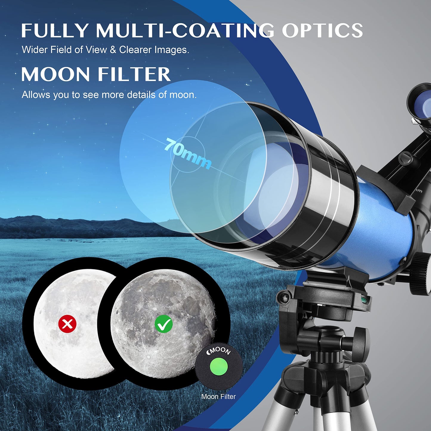 Aomekie Telescope Astronomy 70/400 Telescope for Kids Beginners Amateur Astronomers with Aluminum Tripod Smartphone Adapter and Moon Filter (40070)