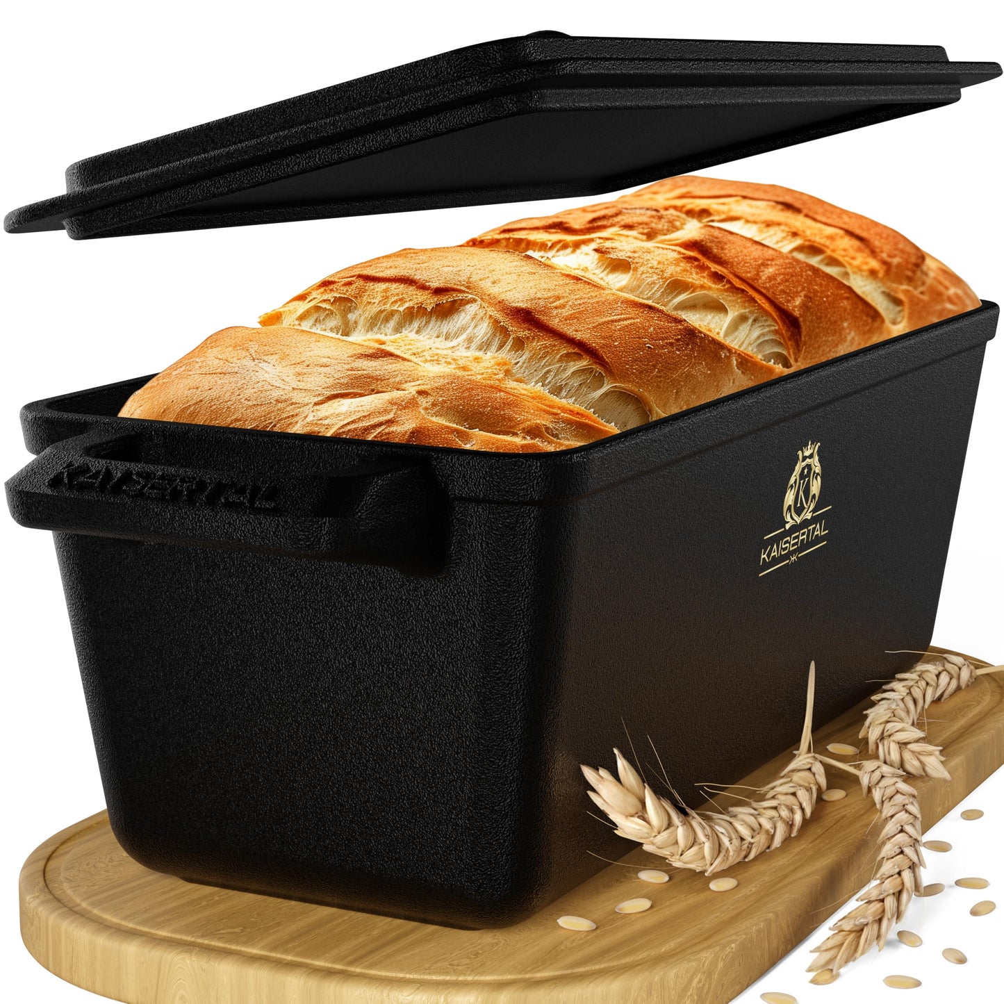 KAISERTAL Cast Iron Bread Baking Pan with Lid 28cm - Sturdy cast iron pot for baking bread - Ideal as bread mold, bread pot, loaf pan and bread baking molds - including baking accessories
