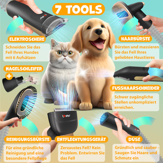 KESSER® dog grooming machine with vacuum cleaner | Quiet battery-powered clipper for pets | Pet grooming set with accessories for dogs & cats | Animal hair clipper 7in1 2.3L dust container and 7 grooming tools
