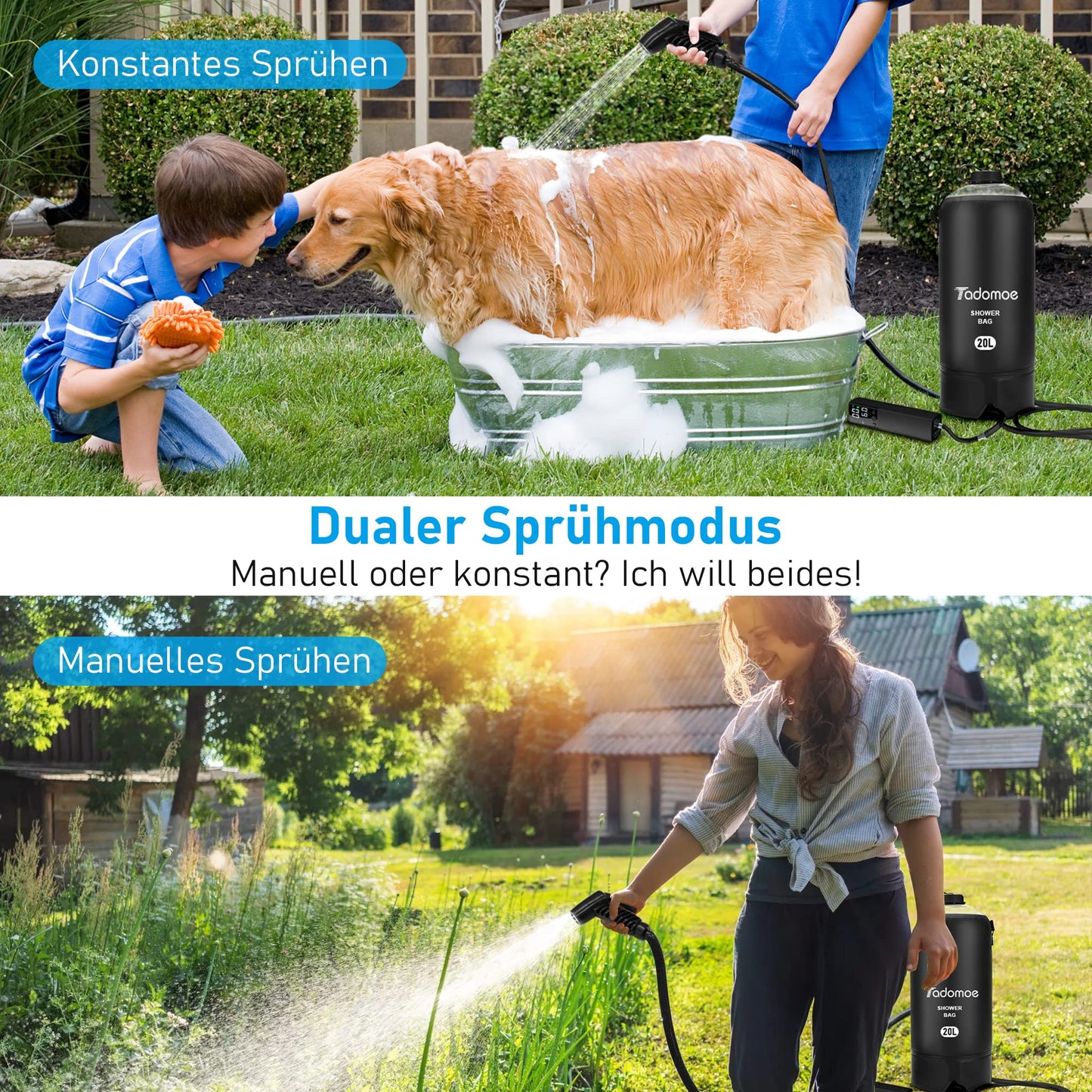 Tadomoe camping shower, 20 liter solar shower with portable shower pump, portable shower camping bag with convenient nozzle, temperature display, hot water solar shower for camping beach hiking travel.