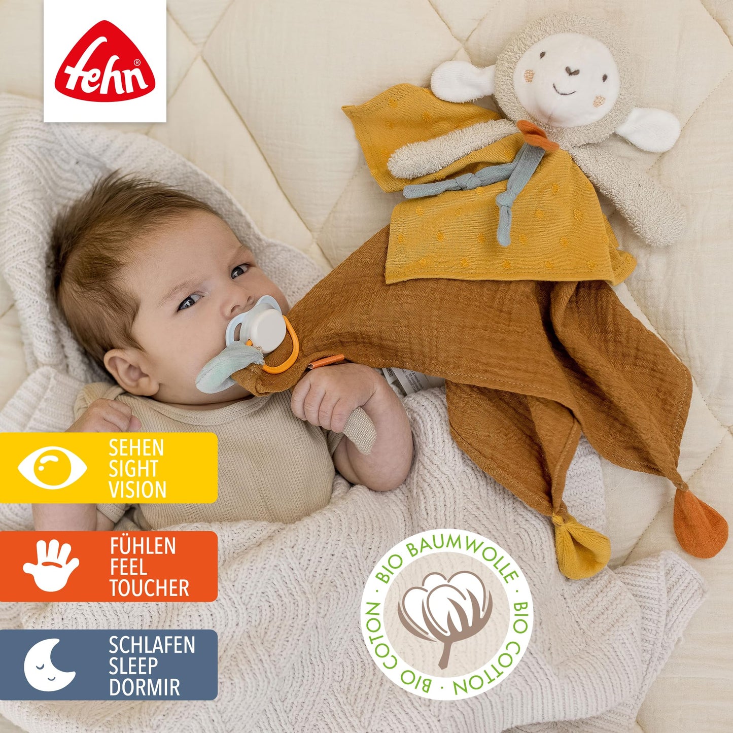 Fehn Cuddly Blanket Sheep fehnNATURE - Playmate & Fabric Snuggle Blanket made of organic cotton - with pacifier attachment - for babies & toddlers from 0+ months