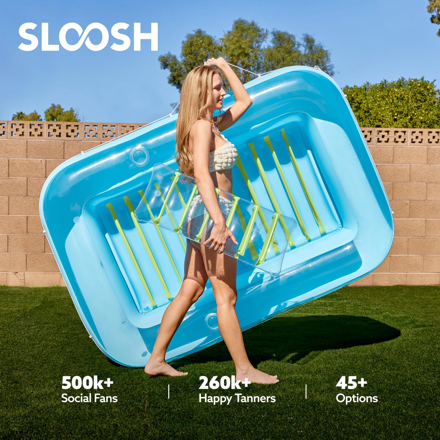 Sloosh 70" x 46" inflatable sun pool, air mattress pool, sunbathing with removable pillow, personal water mattress for adults, summer fun, water party - Blue Green