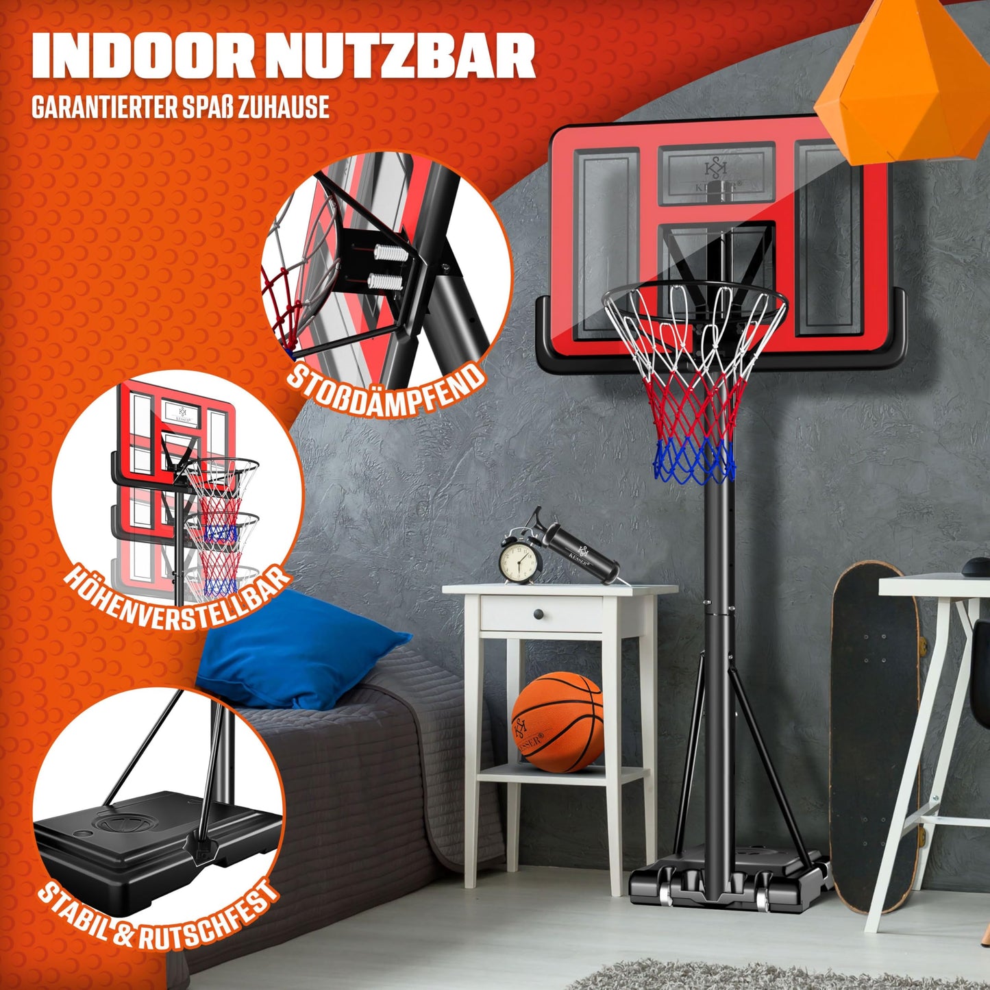 KESSER® Outdoor basketball hoop with stand & wheels Incl. 2x nets, basketball & pump | Basketball system adjustable hoop height 230 to 305 cm Hoop stand for adults & kids