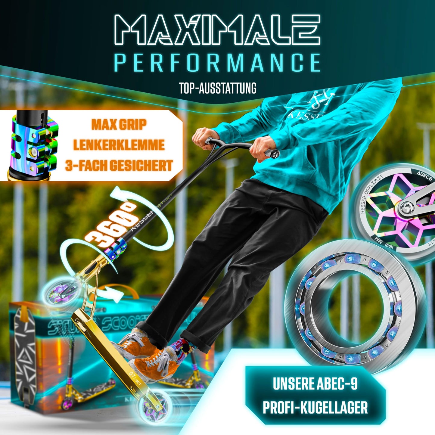 KESSERยฎ Stunt Scooter GT-Limit 360ยฐ Steering Freestyle Scooter Trick Scooter with Stand ABEC 9 Bearings, 110 mm PU Wheels, Kick Scooter Push Scooter City Roller Trick Scooter for Kids Adults