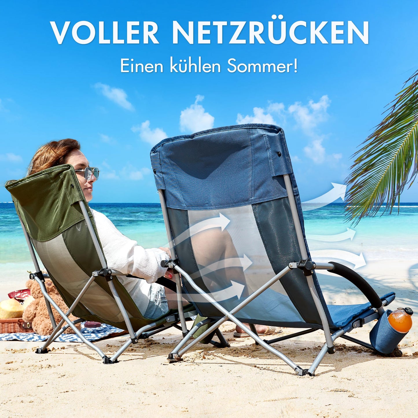 Portable beach chair, foldable and lightweight camping chair, supports up to 150KG, low breathable fabric, portable foldable chair with carry bag, drink holder for beach, garden, hiking.