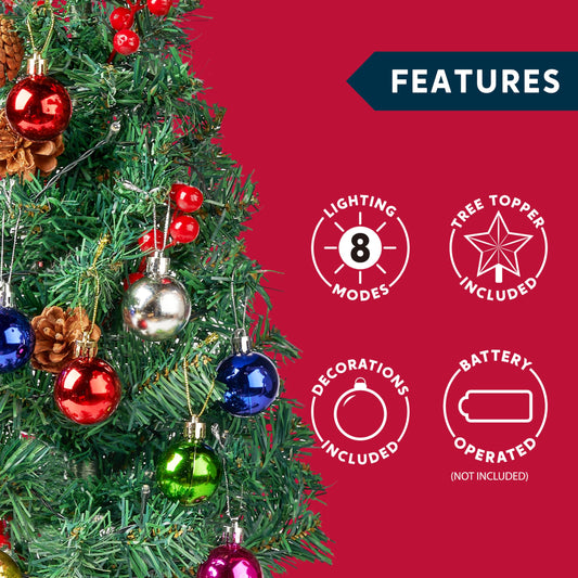 JOIEDOMI 24"/2FT Pre-lit Tabletop Christmas Tree with warm lights, holly berries, and pine cones for a beautiful Christmas decoration.