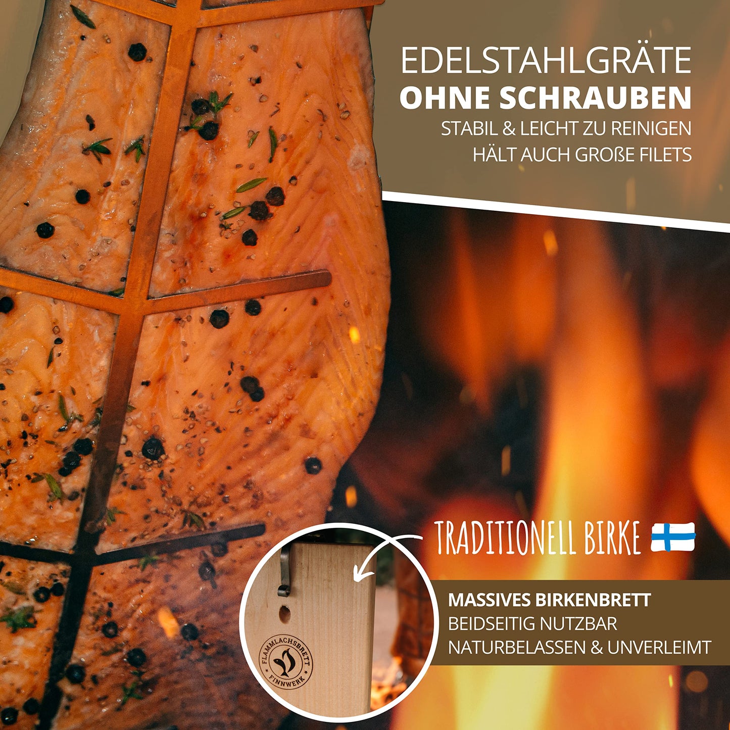 FINNWERK Flame Salmon Board - Flame salmon boards with stainless steel holder - Perfect salmon boards for grilling made of solid birch - Also ideal as a smoking board - Angle system for optimal adjustment