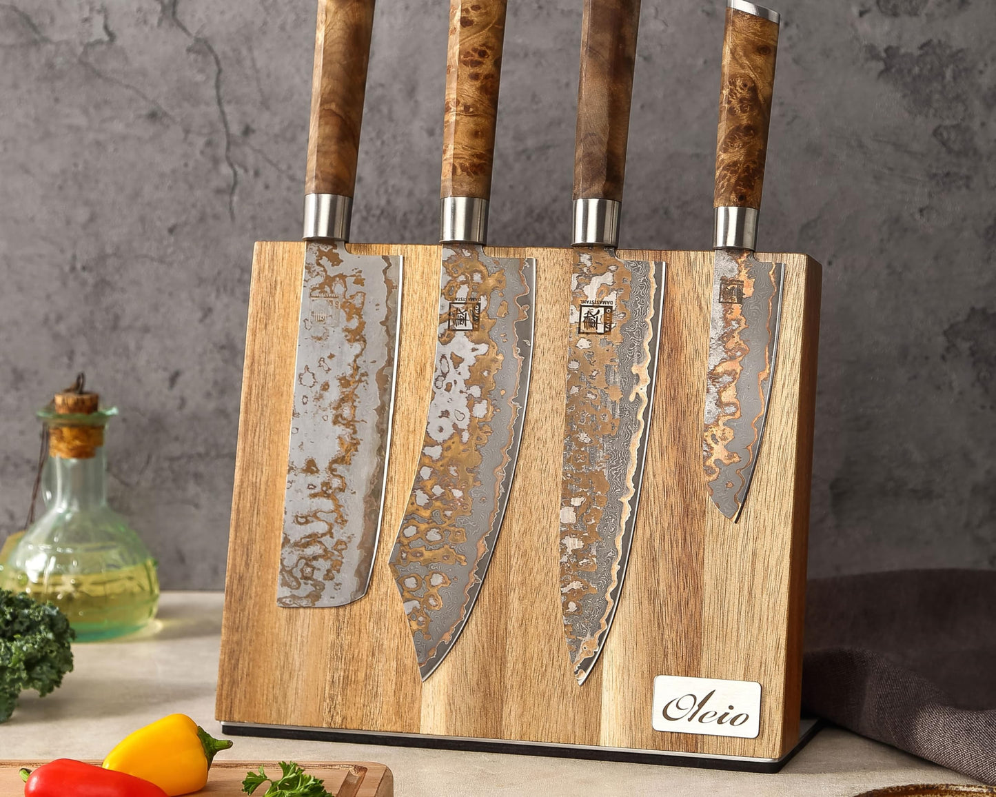 Oleio Magnetic Knife Block - Kitchen organizer made of acacia wood with magnetic strip for up to 6 knives - stainless steel base & non-slip pad - 3.8 cm thick knife block without knives - knife stand