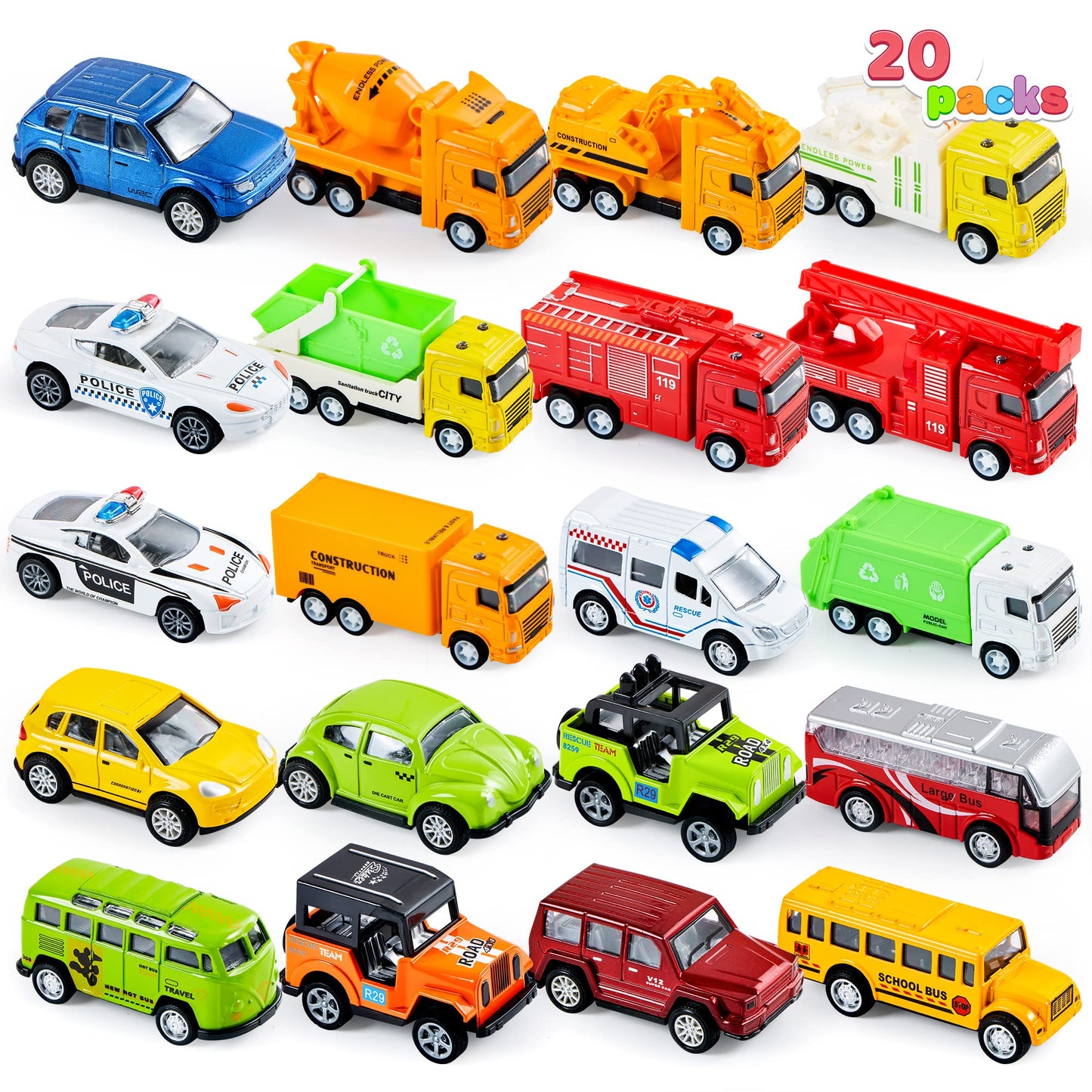 JOYIN 20 Pieces Metal Pull Back Mini Toy Cars, Mini Die Cast Toy Cars Set, Pull Back Cars for Toddler Girls Boys Toys