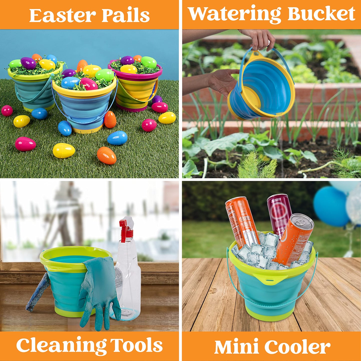 JOYIN 3 Pack Foldable Bucket with Shovels (Bonus Mesh Bag), Foldable Bucket Multipurpose for Beach, Beach Gear, Sandbox Toys
