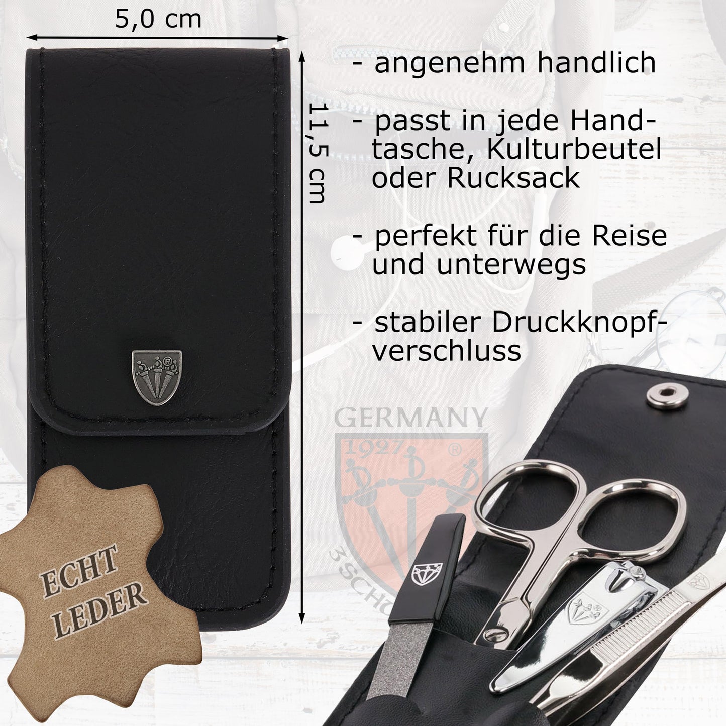 THREE SWORDS - 4-piece Nail Care Set 'Capri' | High-quality nail case for manicure and pedicure. Color: Genuine Leather Black | Contents: Nail scissors, nail clipper, tweezers, sapphire nail file