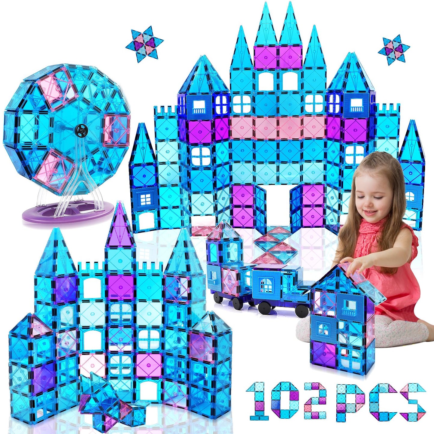 Magnetic building blocks 102 pieces Magnetic building toy for ages 3 years and up Magnets for kids Magnetic toys with Ferris wheel/2 cars Montessori children's toy for ages 3-9 years old Boy Girl Gifts