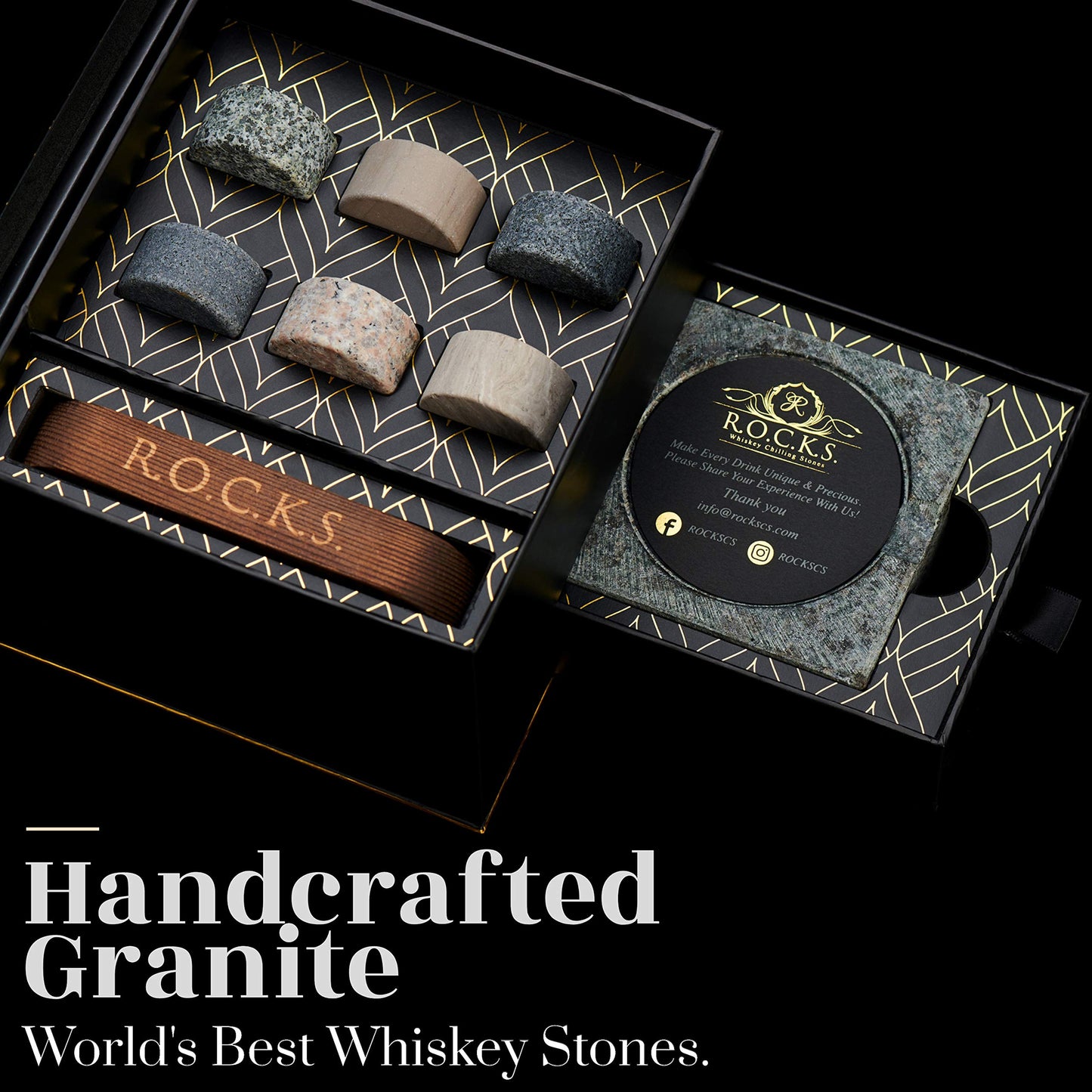 Whiskey Stones Gift Set with Cigar Cutter & Cigar Ashtray - 6 Handcrafted Premium Granite Stones - Luxurious Whiskey & Cigar Accessories Gold Foil Gift Box